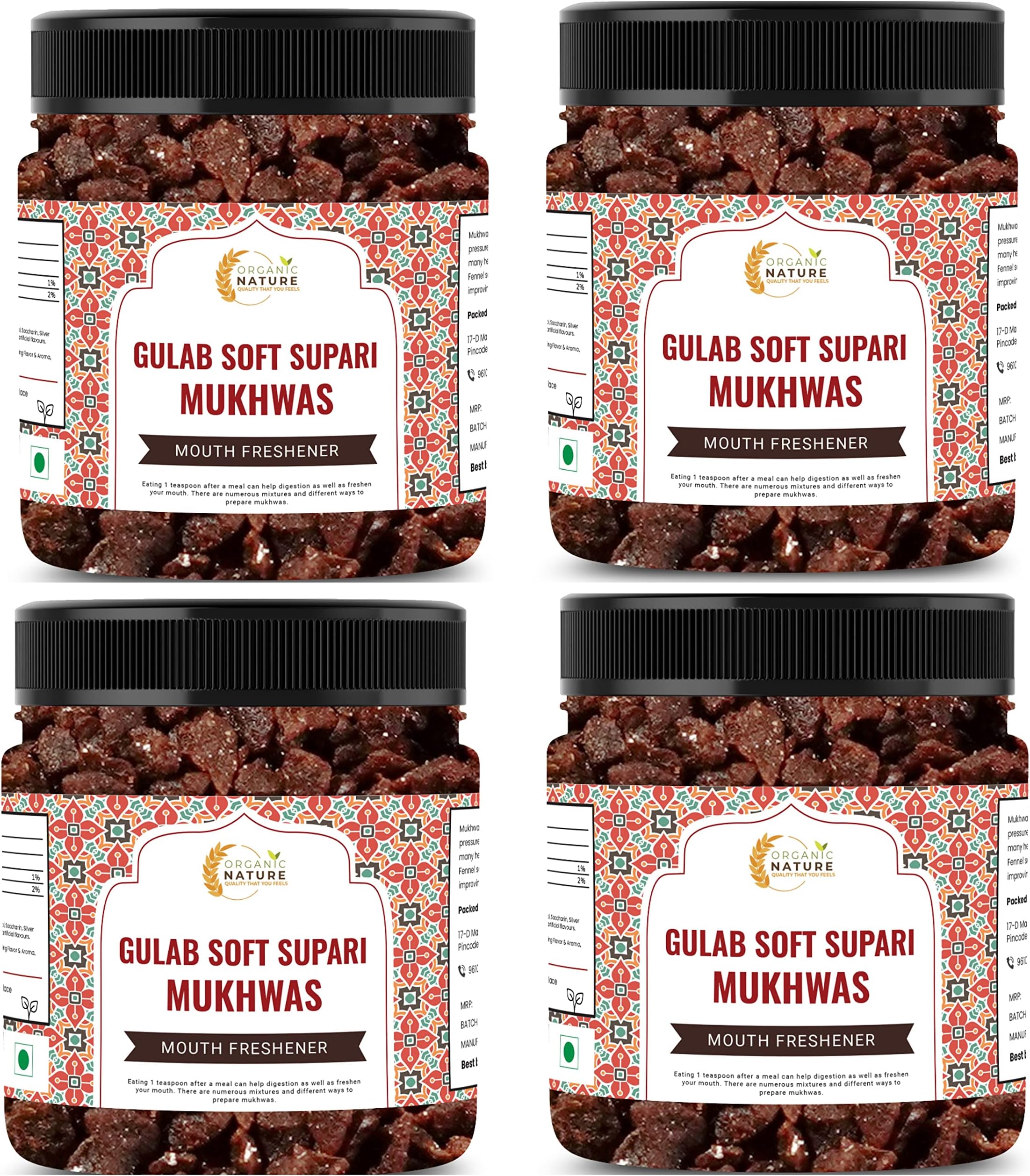 Organic Nature Soft Gulab Supari Mouth Freshener Sweet Rose Supari (Jar Pack) (1200 Grams (Pack of 4 of 300 Grams))