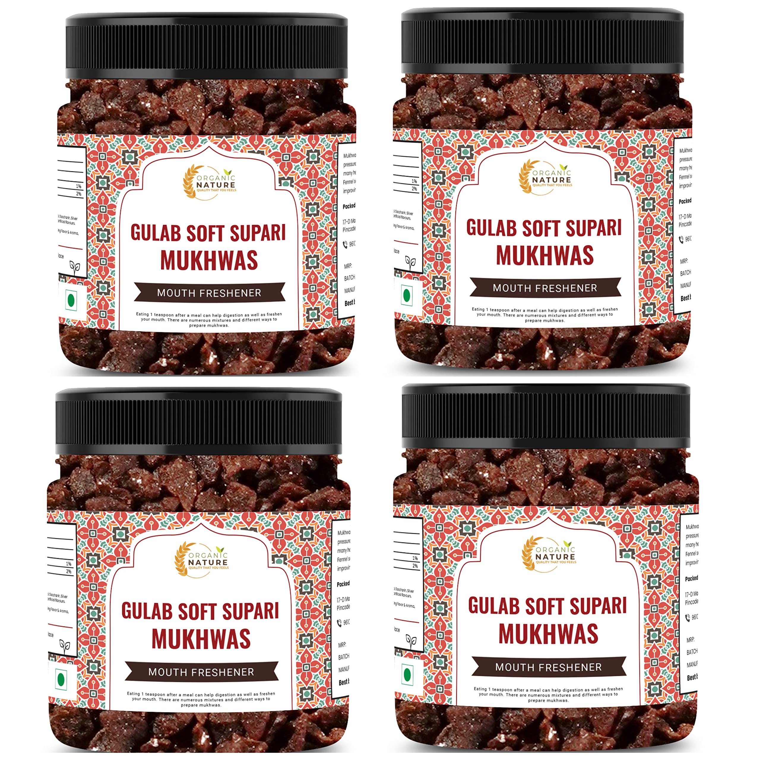 Organic Nature Soft Gulab Supari Mouth Freshener Sweet Rose Supari (Jar Pack) (1200 Grams (Pack of 4 of 300 Grams))