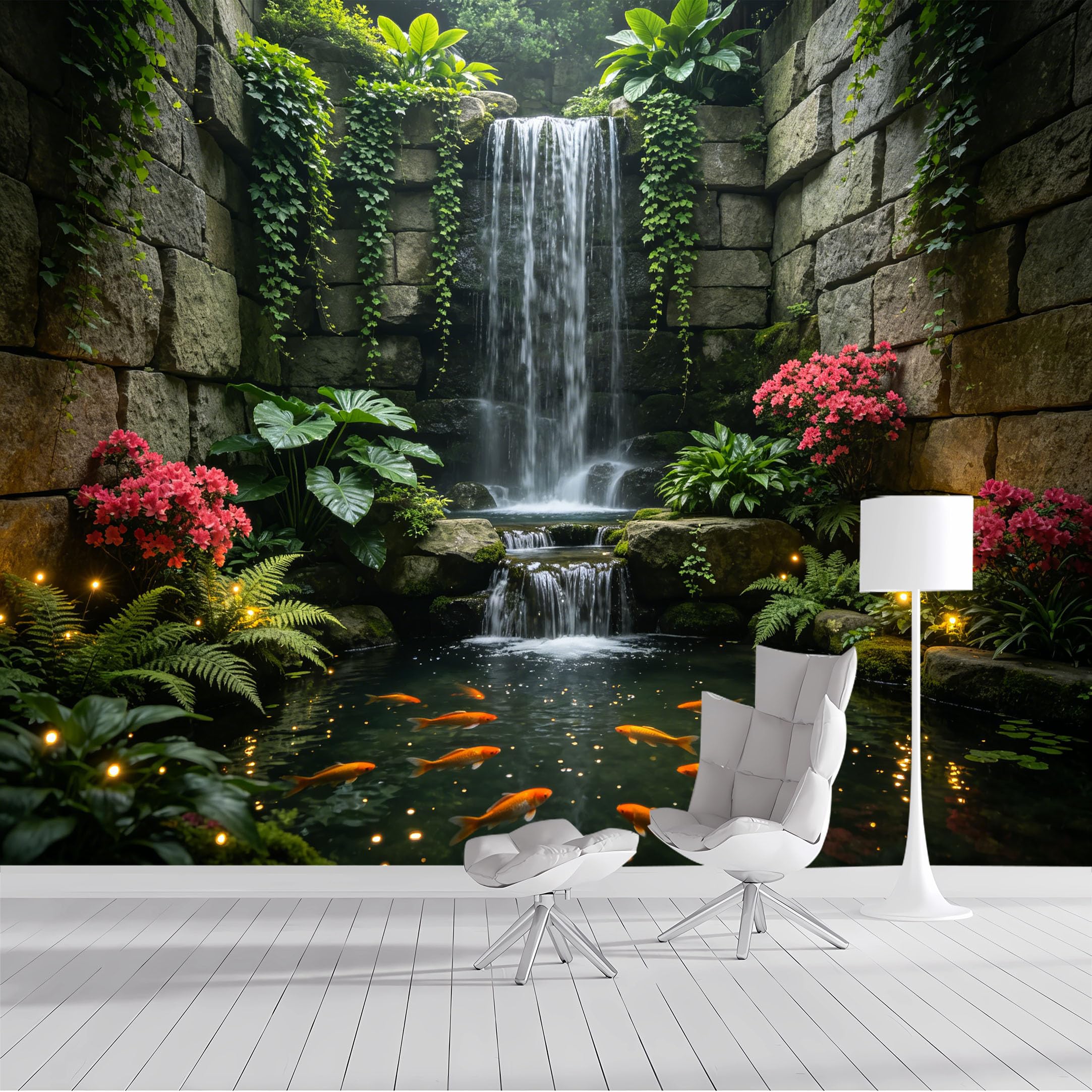 Custom Size Wall Mural Tropical Waterfall Garden Pond with Koi Fish Botanical Landscape SelfAdhesive Wall Fabric Removable Peel and Stick Wallpaper for Living Room Bedroom Bathroom