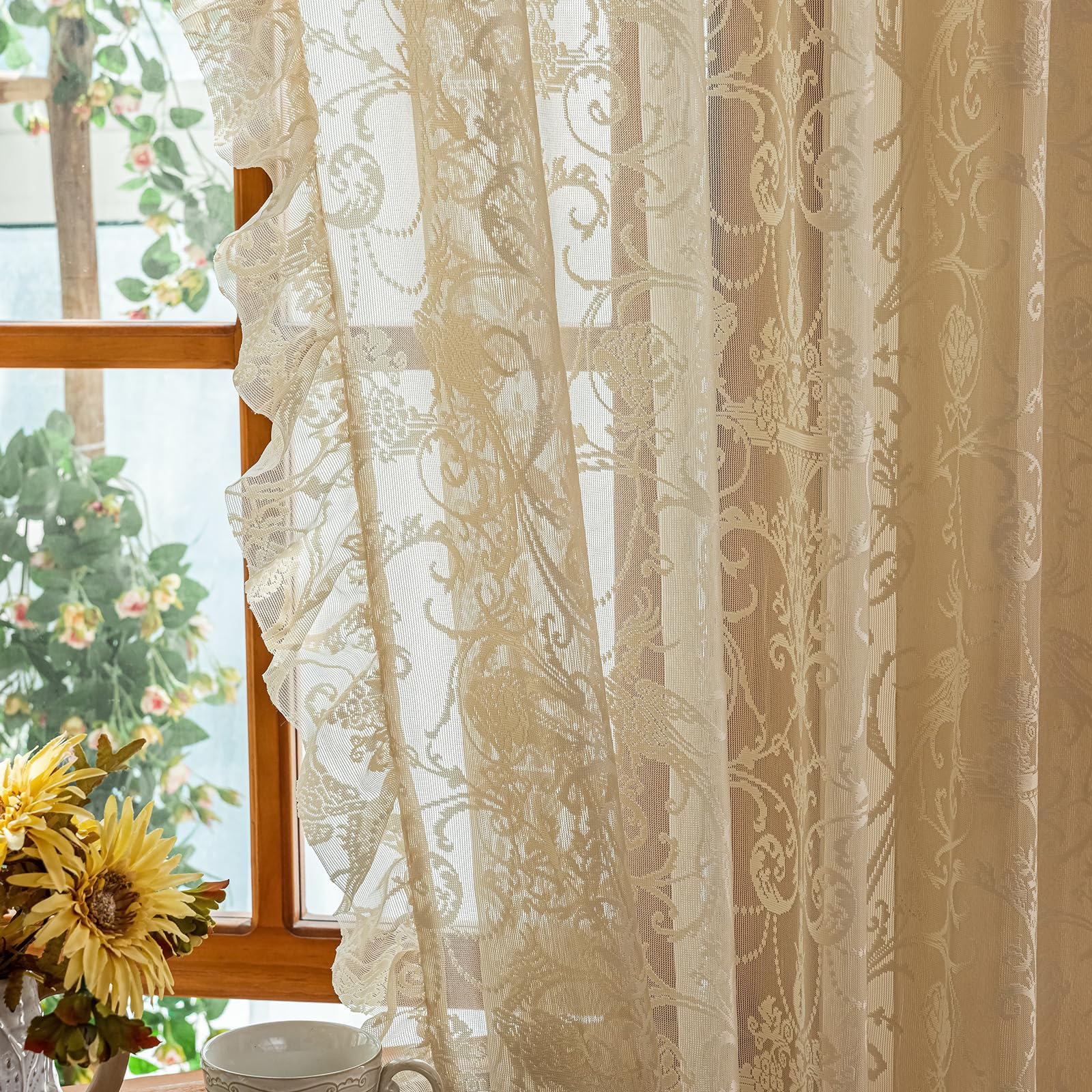 TUDECO Beige Sheer Curtains 54 Inch Length - Romantic Floral Short Lace Curtains for Kitchen Bathroom Laundry, Rod Pocket Privacy RV Curtain Panels with Ruffle Edges, 1 Pair, 59W x 54 Inch โ image 1