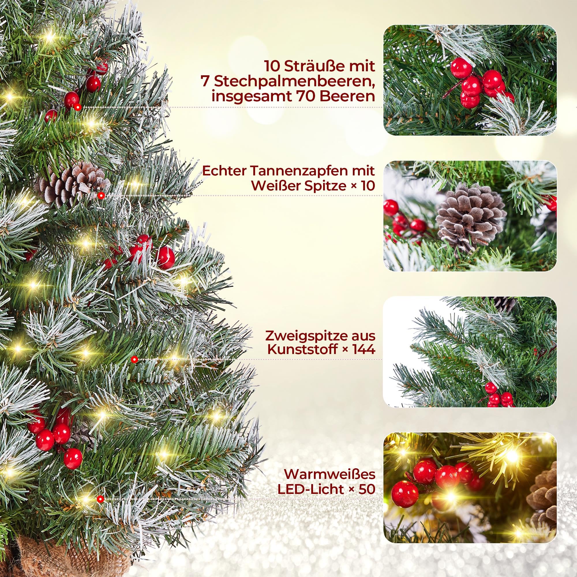 Yaheetech 2 Stück 92 cm Mini Künstlicher Weihnachtsbaum mit Schnee inkl. 50 Warmweiß LED & 70 Roten Beeren & 10 Tannenzapfen, Kleiner Christbaum Tisch Tannenbaum für Weihnachtsdeko
