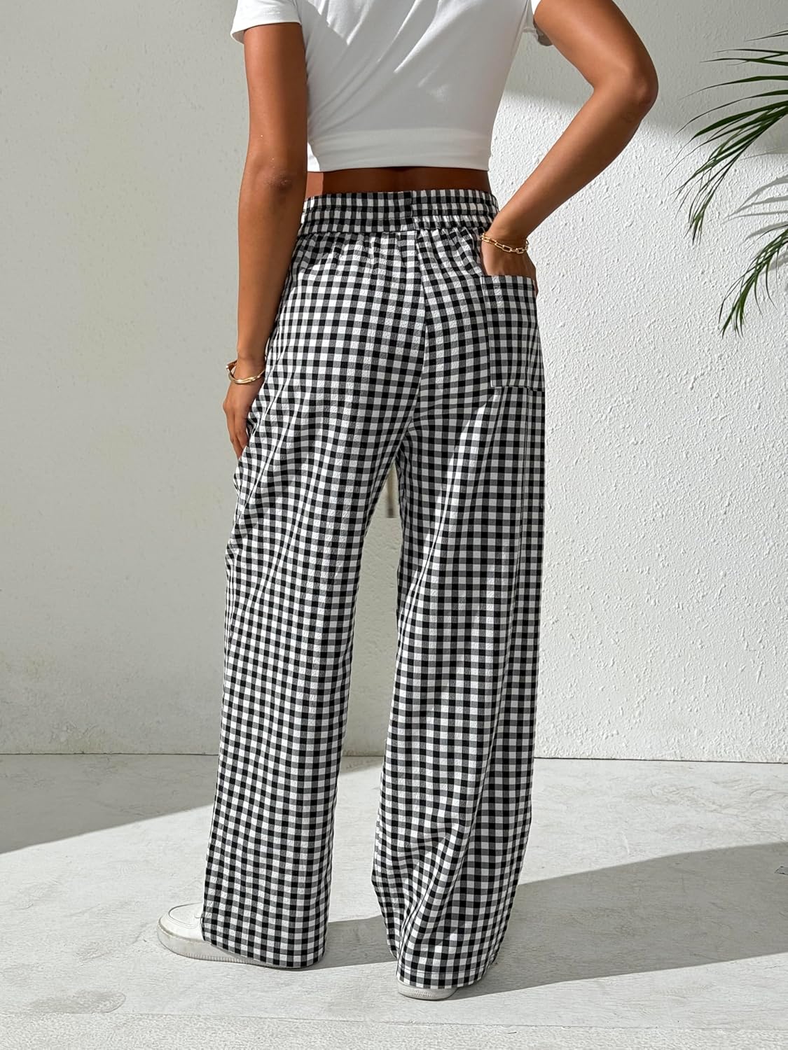 Women's Gingham Plaid Pants Summer Beach High Elastic Waist Wide Leg Palazzo Pants - Image 5