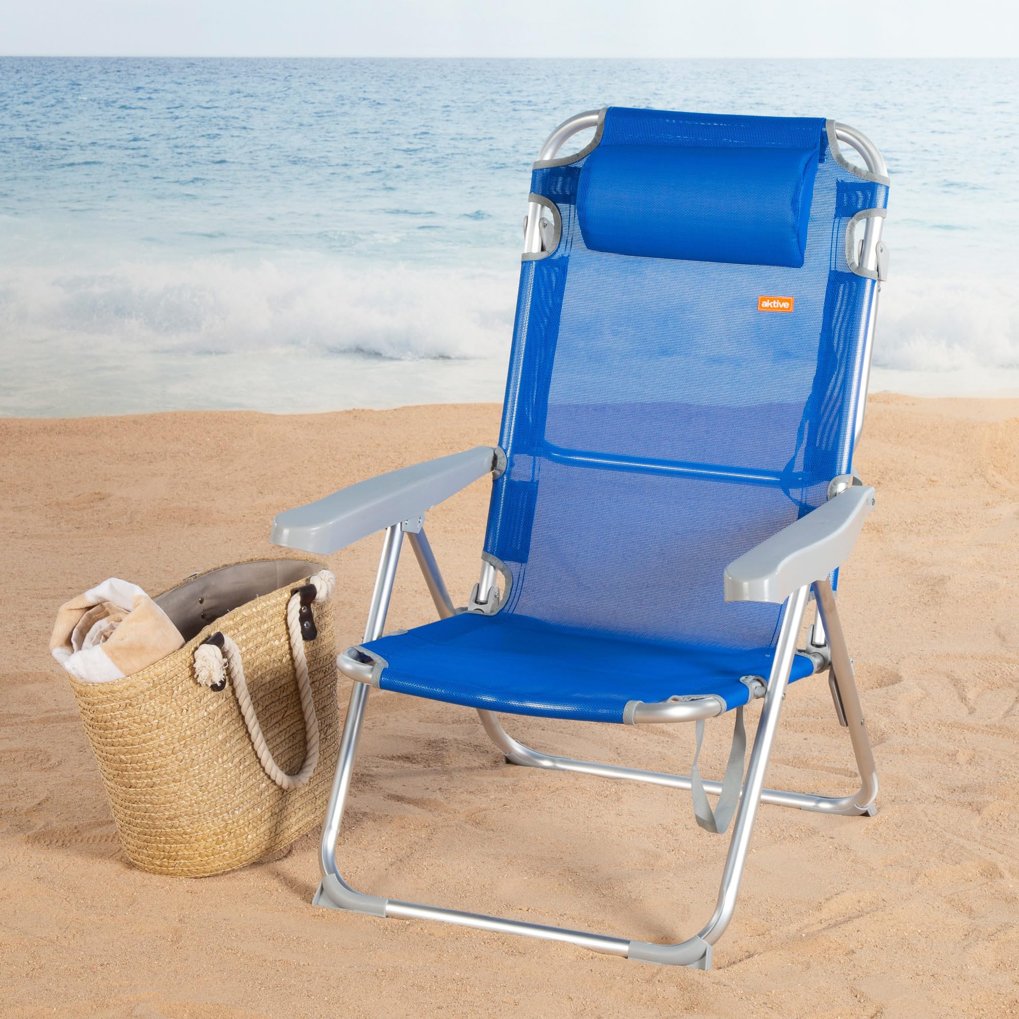 AKTIVE Beach- Chaise de Plage Pliante Haute Multipositions avec Dossier Réglable, Coussin, Protections Anti-Renversement et Poignée de Transport, Aluminium et Textilène, 48X60X90 cm, Bleu