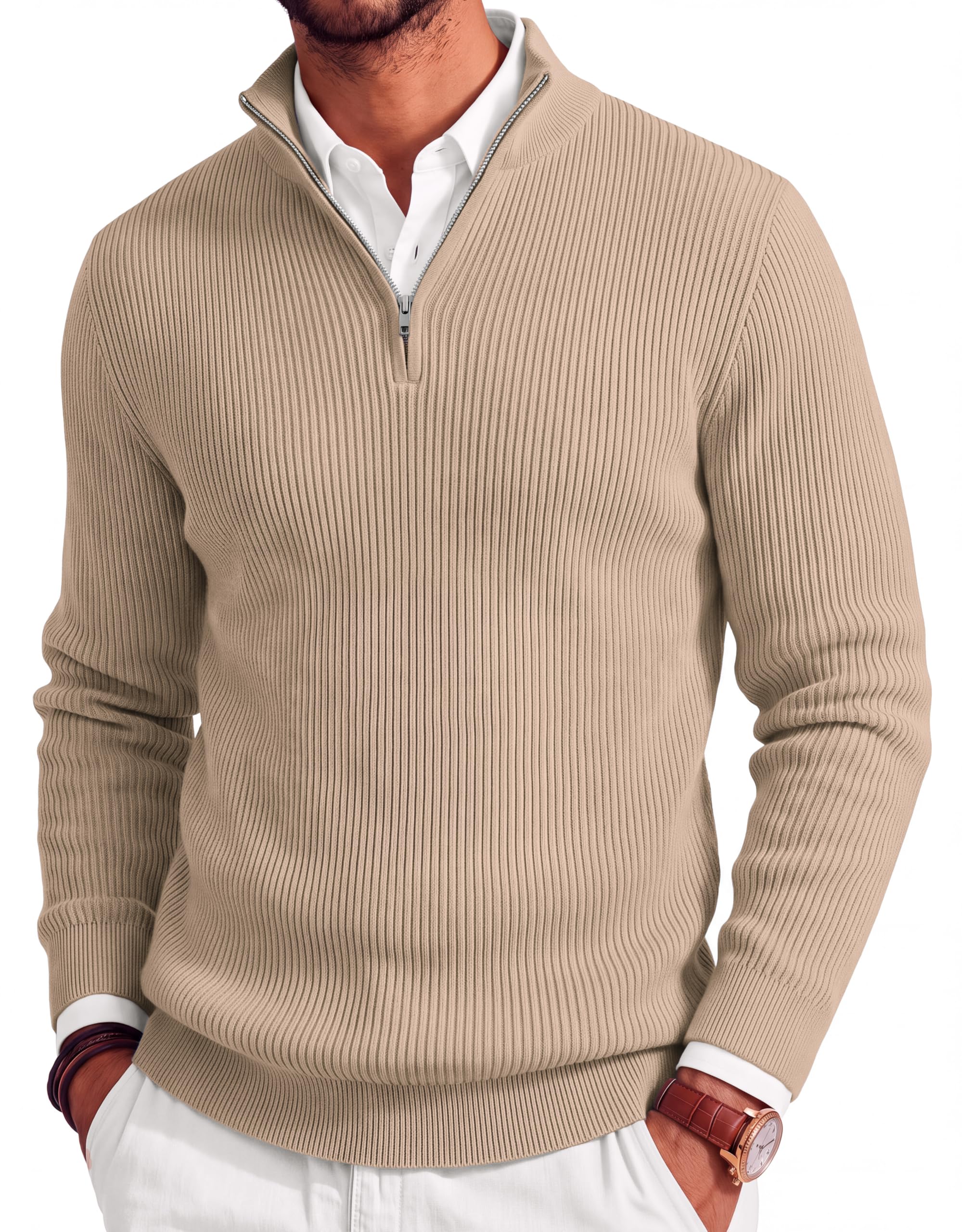 COOFANDY Men's Quarter Zip Sweater Slim Fit Mock Neck Long Sleeve Pullover | Lightweight Ribbed Knit, Soft Warm, Business Casual Dressy, Fall Winter Warm, Solid Color, Golf Travel