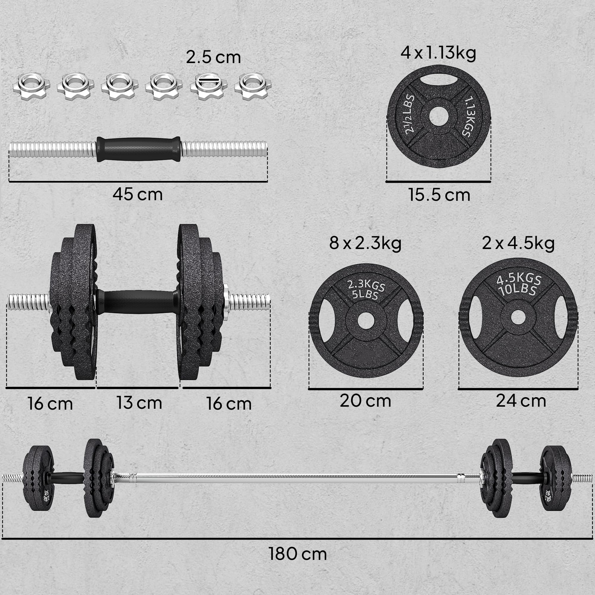 SPORTNOW Set Pesi Palestra 2 in 1 da 42kg in Acciaio Regolabile, Set Manubri Regolabili con Impugnatura Antiscivolo, Bilanciere Palestra e 2 Manubri per Allenamento Fitness in Casa, Nero