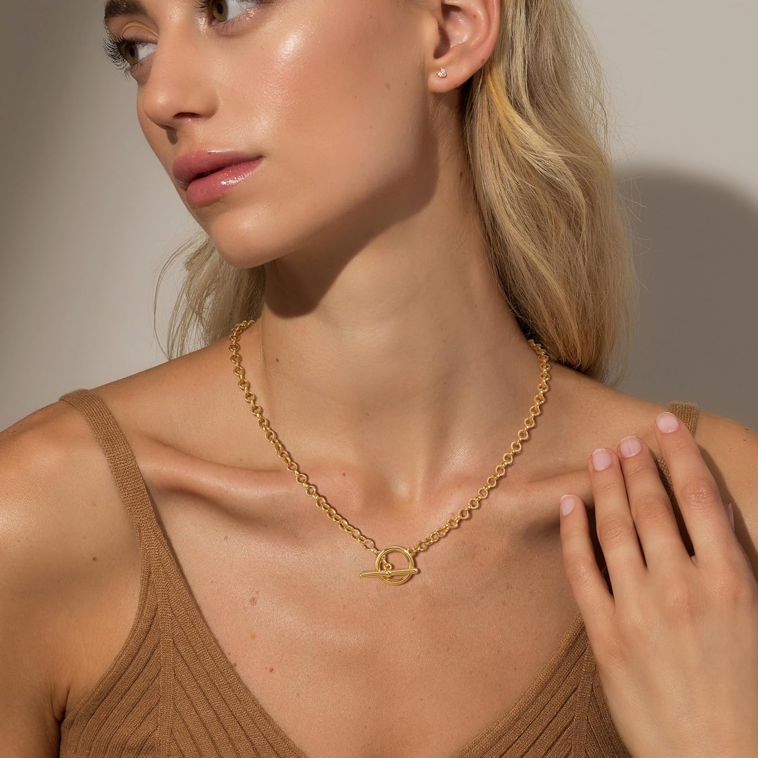 14K Gold Necklace for Women, 14K Gold Plated Chain Necklace Dainty Choker Necklace for Women Trendy Chunky Pendant Necklaces Layering Toggle T-bar Clasp Link Chain Necklace Jewelry - Image 2