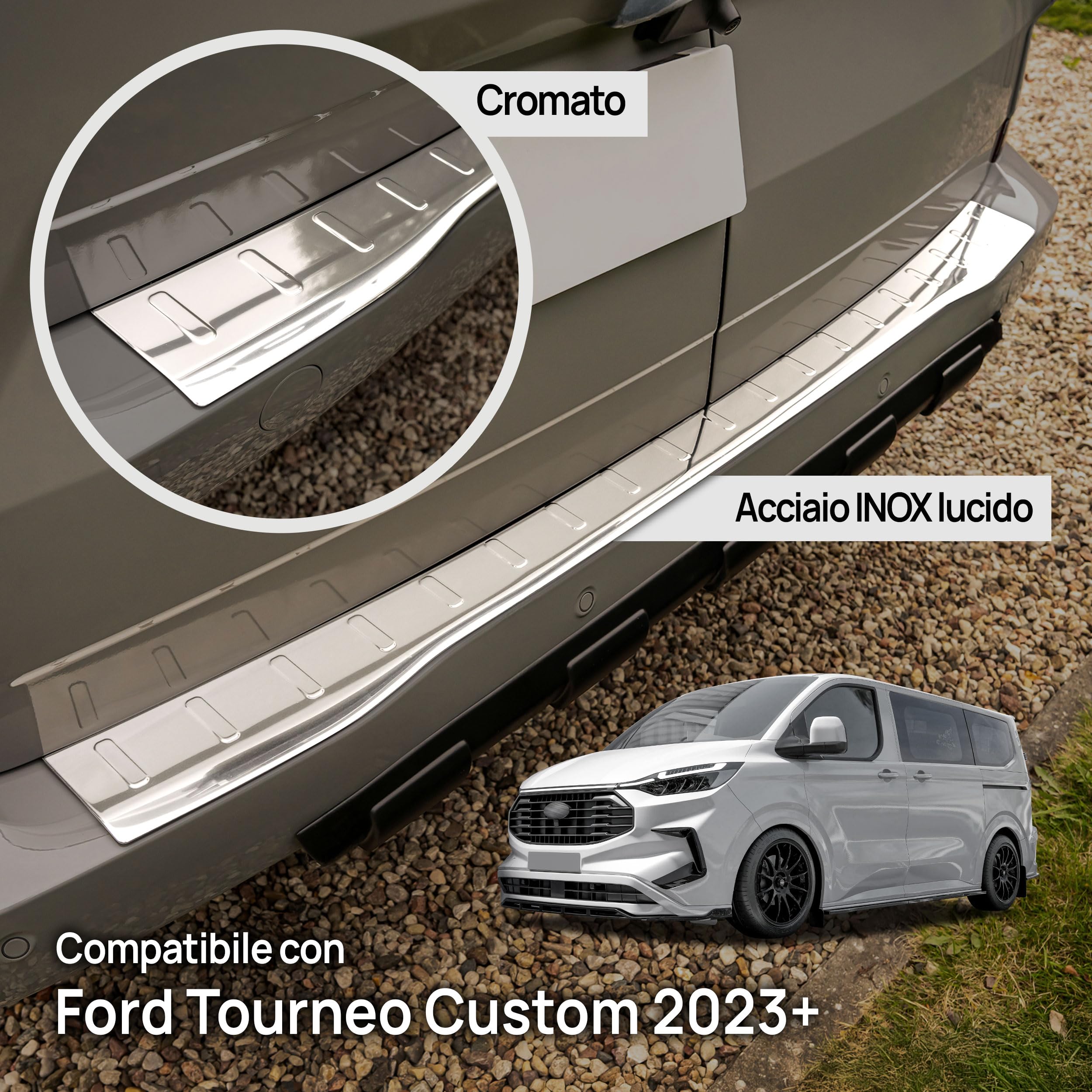 CHROMEMASTER | Protezione Paraurti Posteriore Compatibile con Ford Tourneo Custom 2023+; Acciaio inossidabile, Lucidato, Cromo; Proteggi il Paraurti Posteriore della tua Auto dai Danni