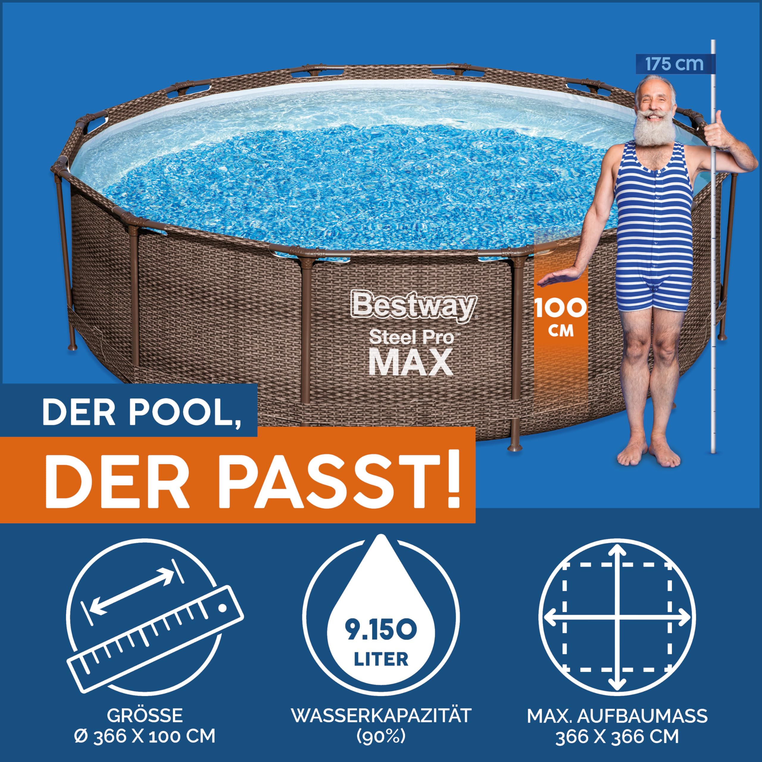 Bestway Steel Pro MAX - Set per piscina con pompa filtro, Ø 366 x 100 cm, effetto rattan, colore: Cioccolato