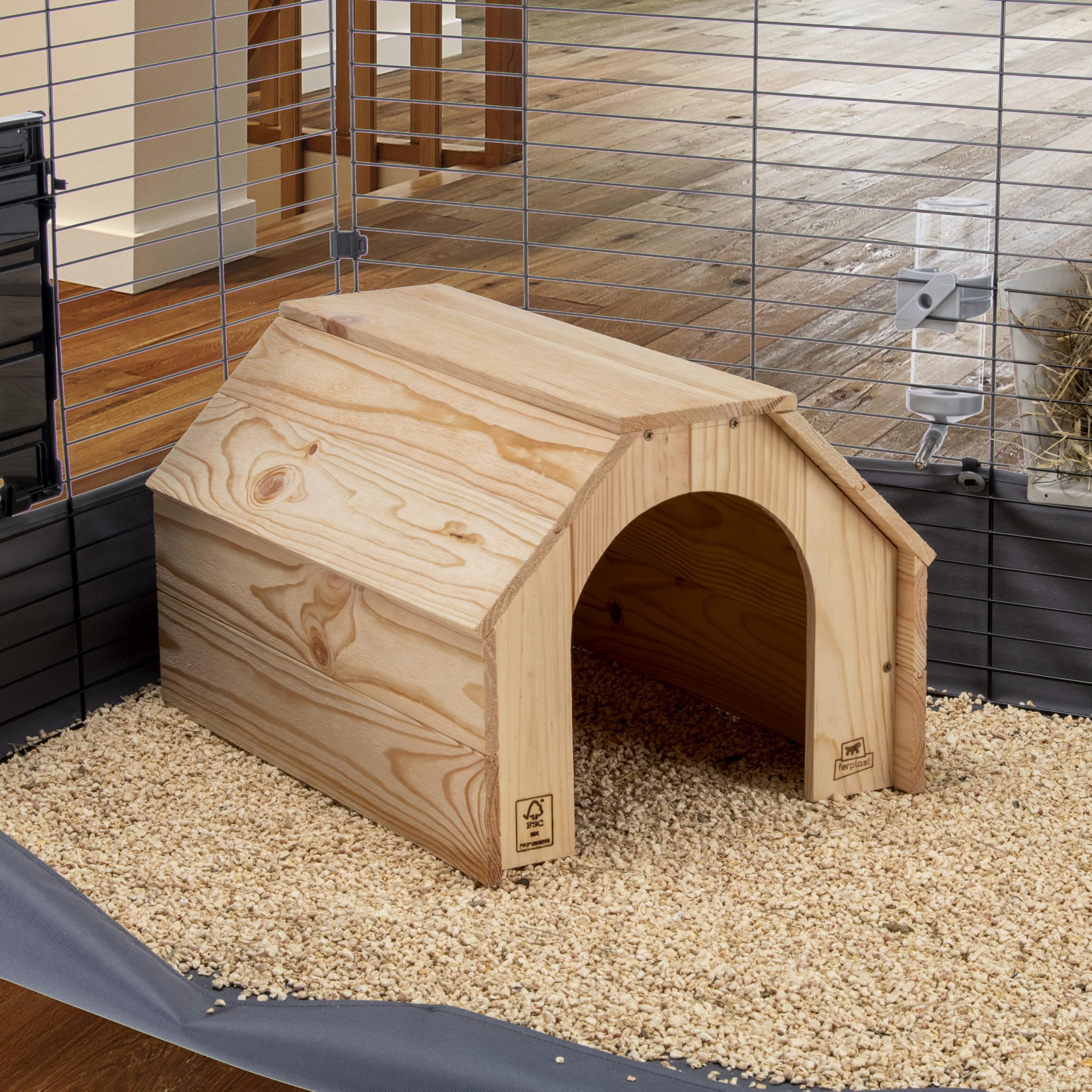 Ferplast Holzhaus für Kaninchen, Meerschweinchen & Hamster HIDDA, Kleintierhaus aus FSC®-zertifiziertem Holz, Gebürstete Optik, Schnellmontage-Set, 46 x 34 x H 27,5 cm, Größe XL
