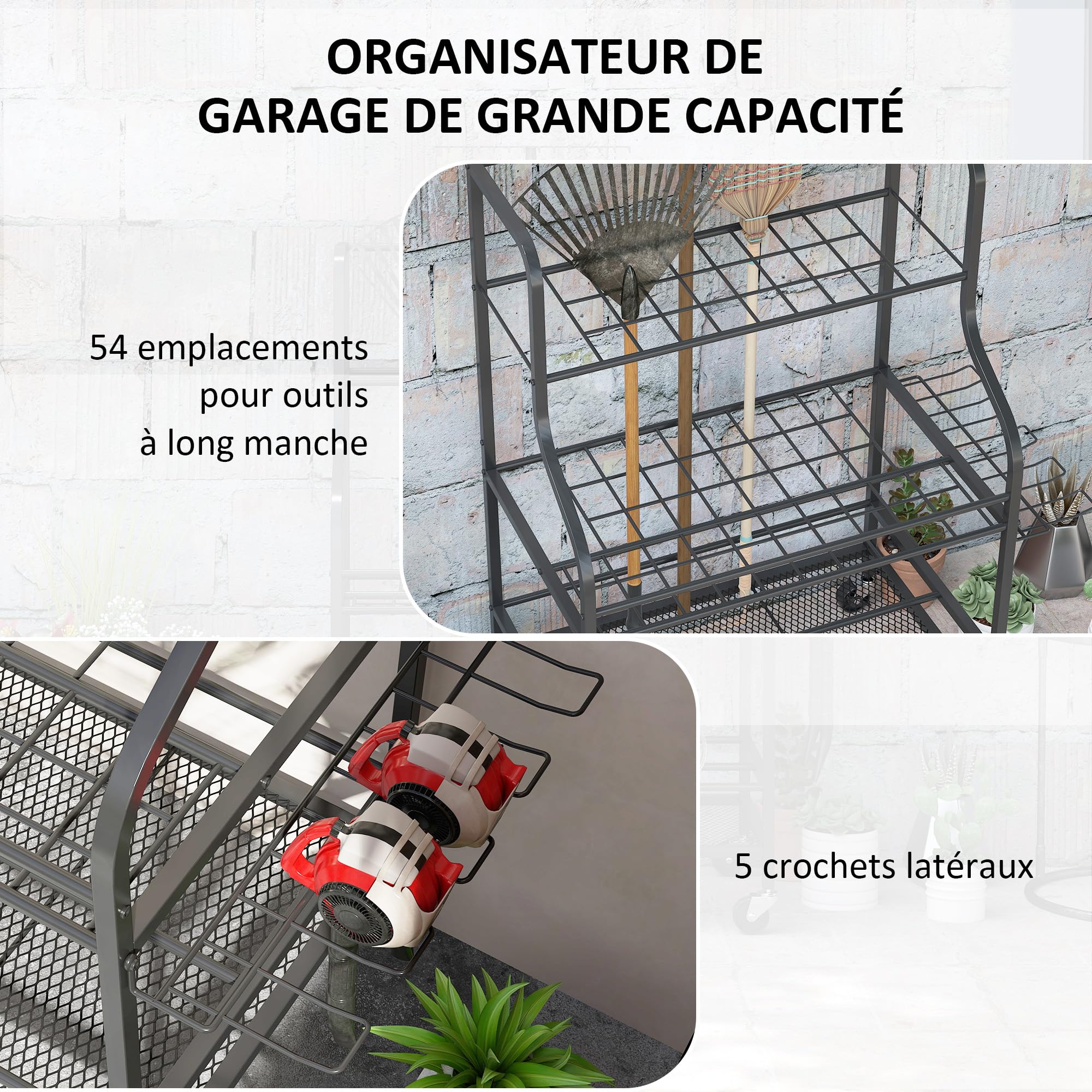 Outsunny Organiseur d'outils de Jardin, Support à Outils de Jardin 54 emplacements avec 5 Crochets, Porte-Outils de Garage en Acier sur roulettes, 3 Niveaux pour Outils, râteaux, Noir