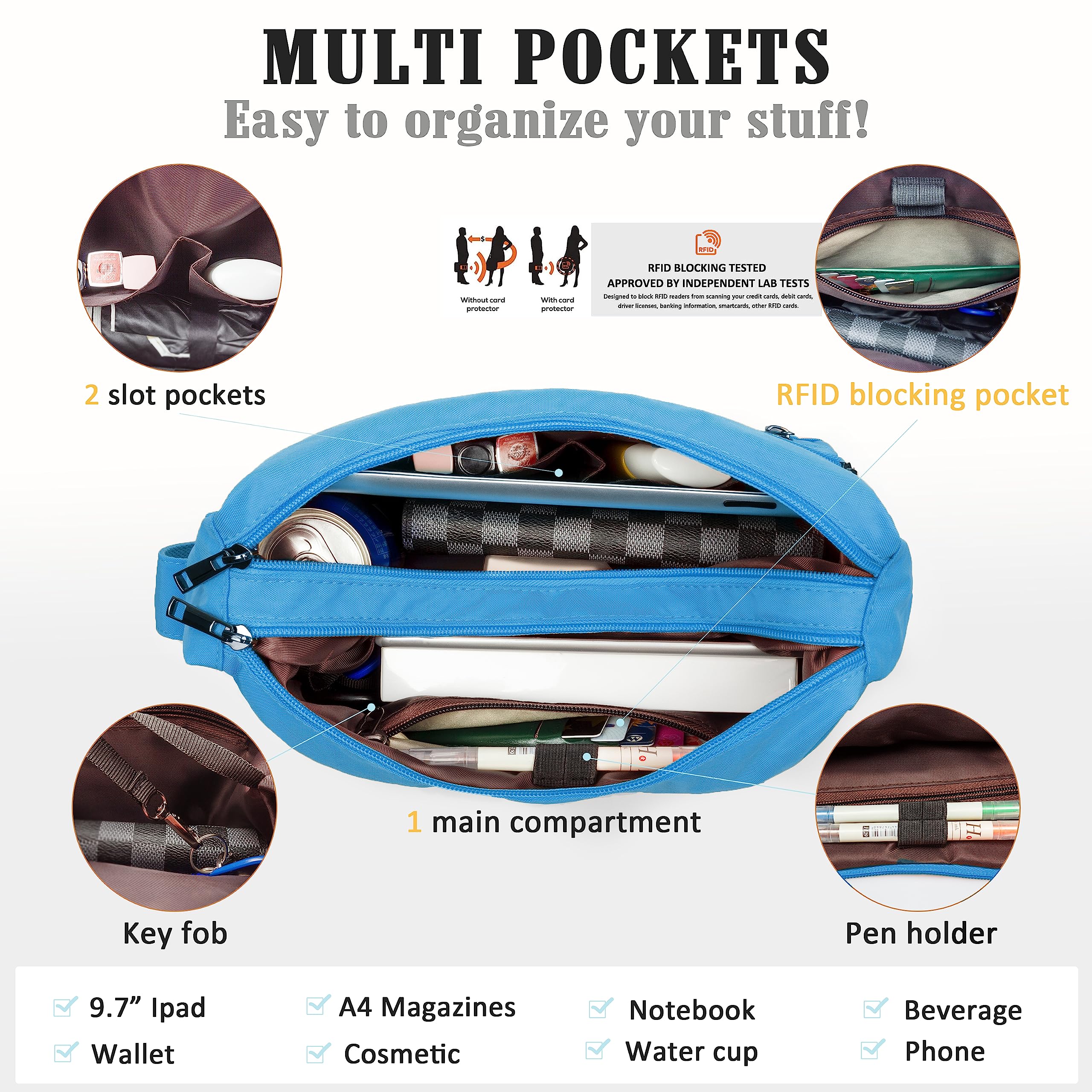 VOLGANIK ROCK RFID Purses for Women Fabric Nylon Multi Pocket Crossbody Bag Ladies Travel Handbag: Large Blue#106