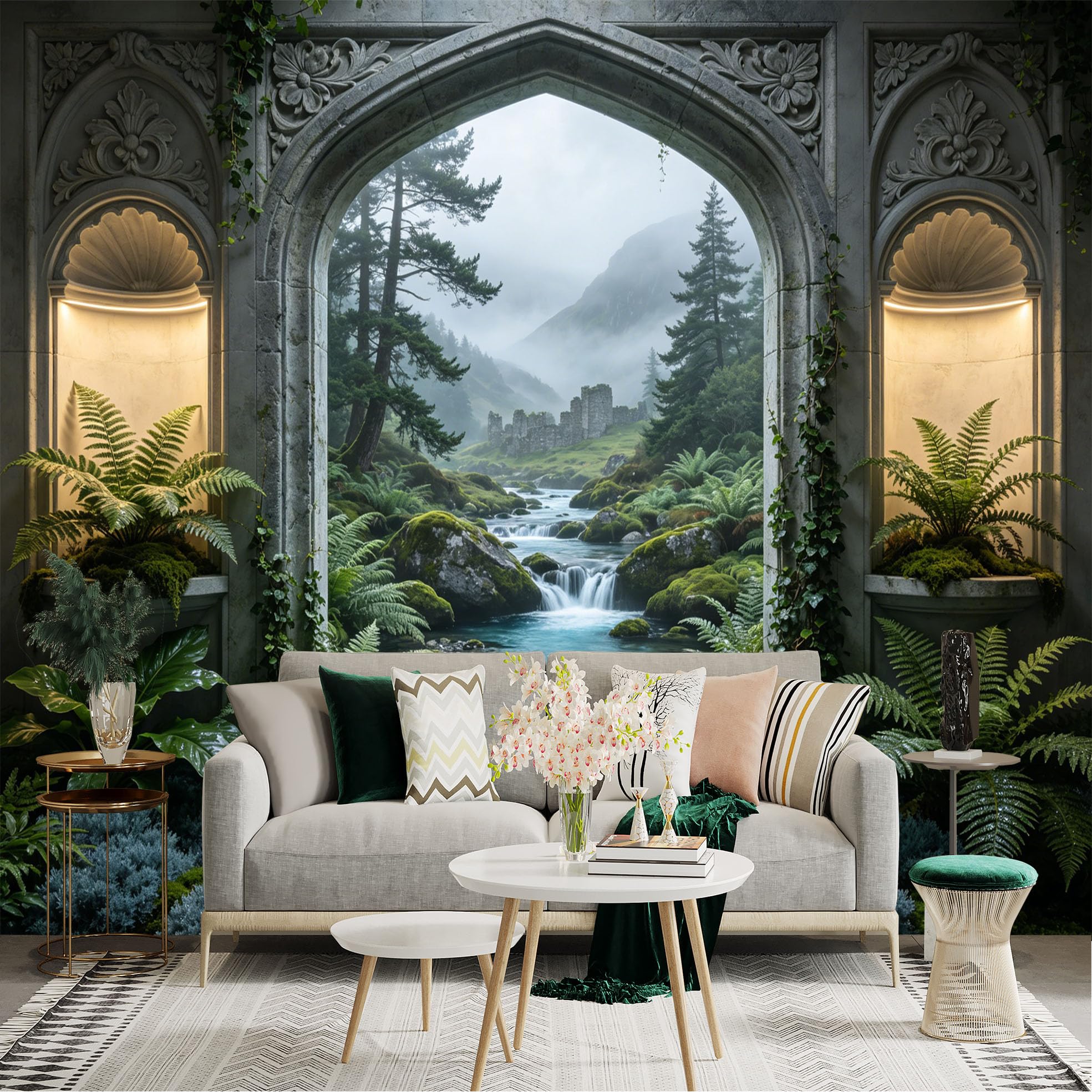 Lnzczhyre Dbh260521275 Custom Size Wall Sticker Mural， Ancient Stone Archway， Misty Forest River， Mossy Landscape， Lush Fern Garden， For Wall Decoration， Peelandstick Wall Decals.
