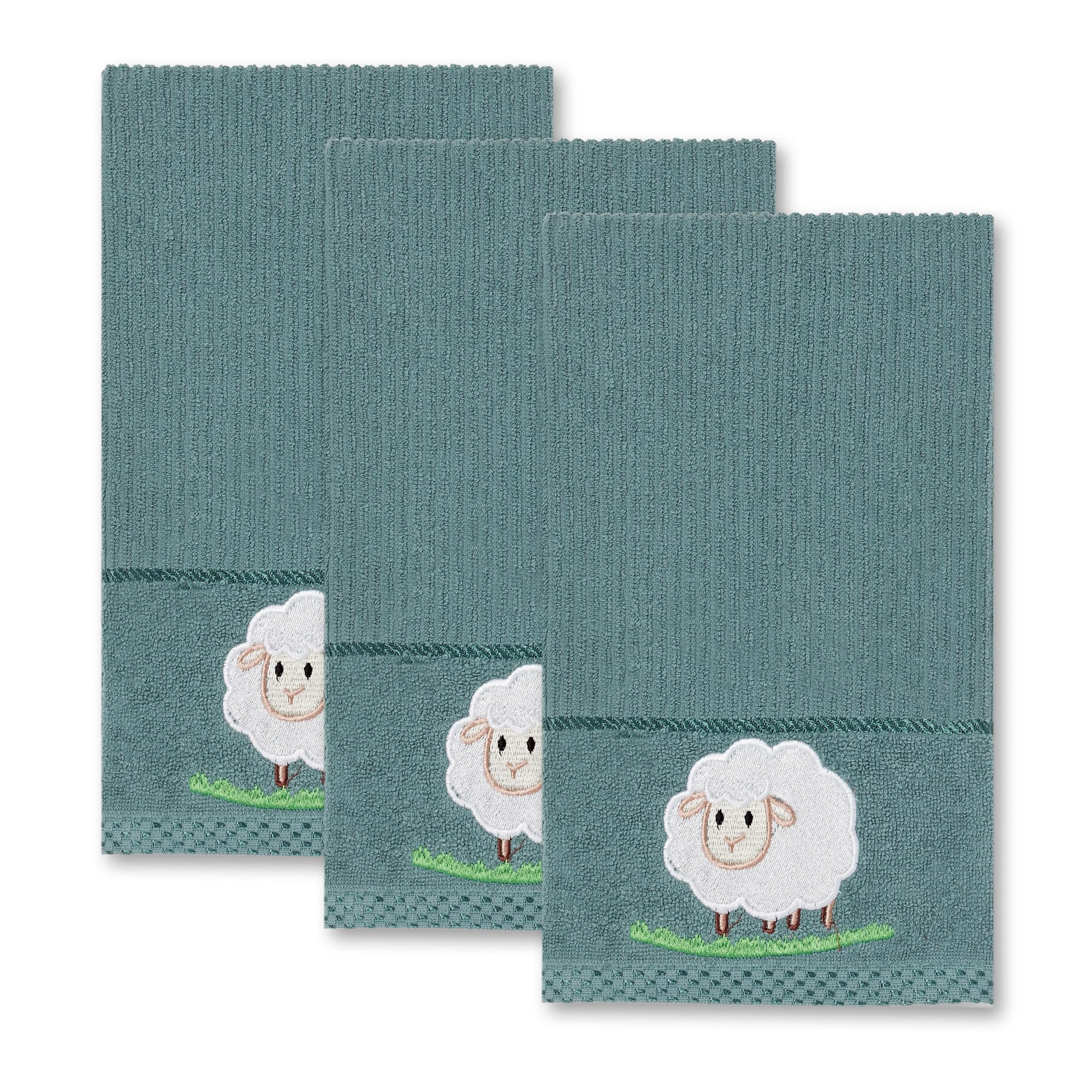 La Maison Woven Embroidered Tea Towels Pack of 3 Large 40 x 70cm Super Absorbent Housewarming Gifts 4 Styles Cotton Rich (Sage, Sheep)