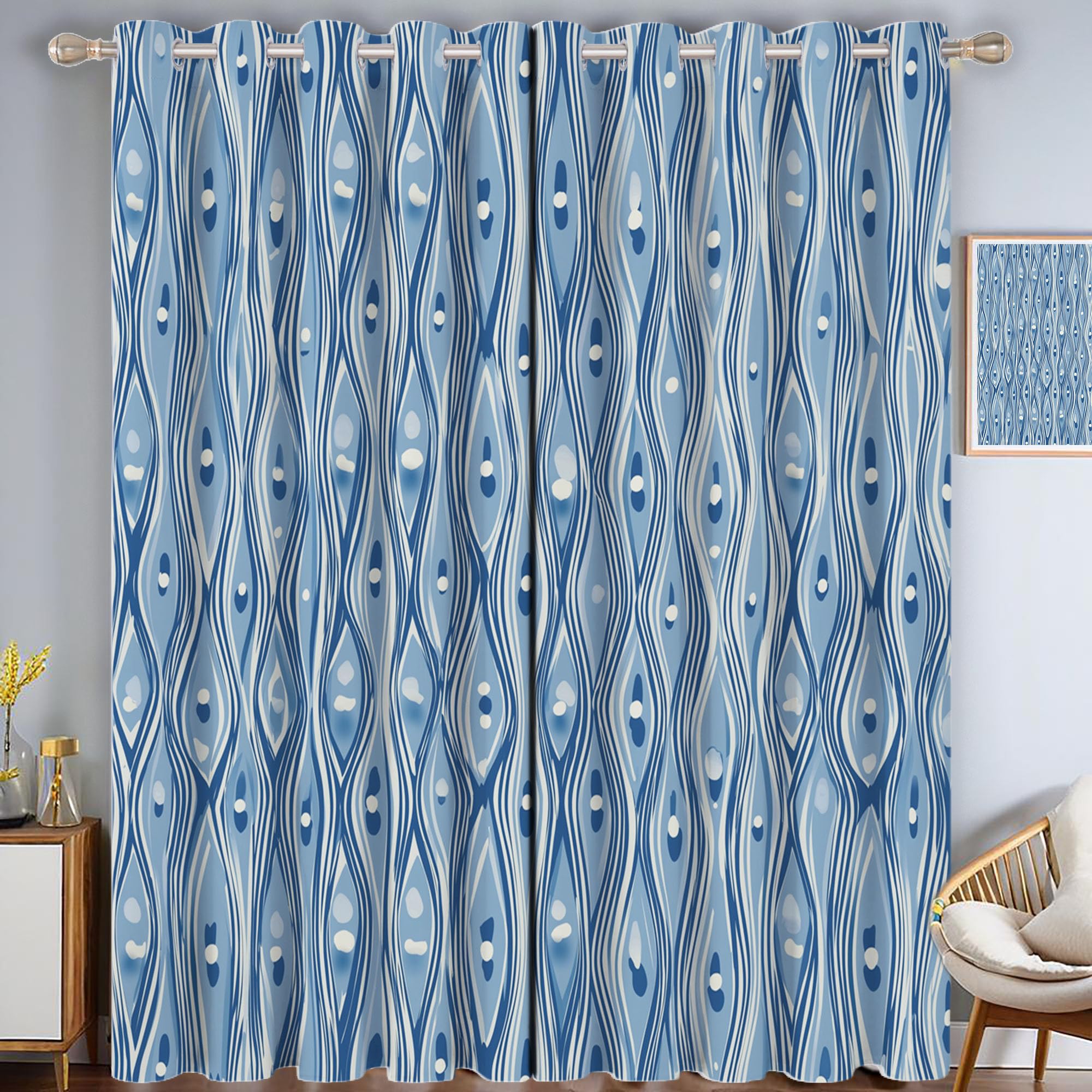Isolant Thermique Anti Froid : Rideaux Occultants Bleu Clair à Oeillets 140x240cm Géométriques