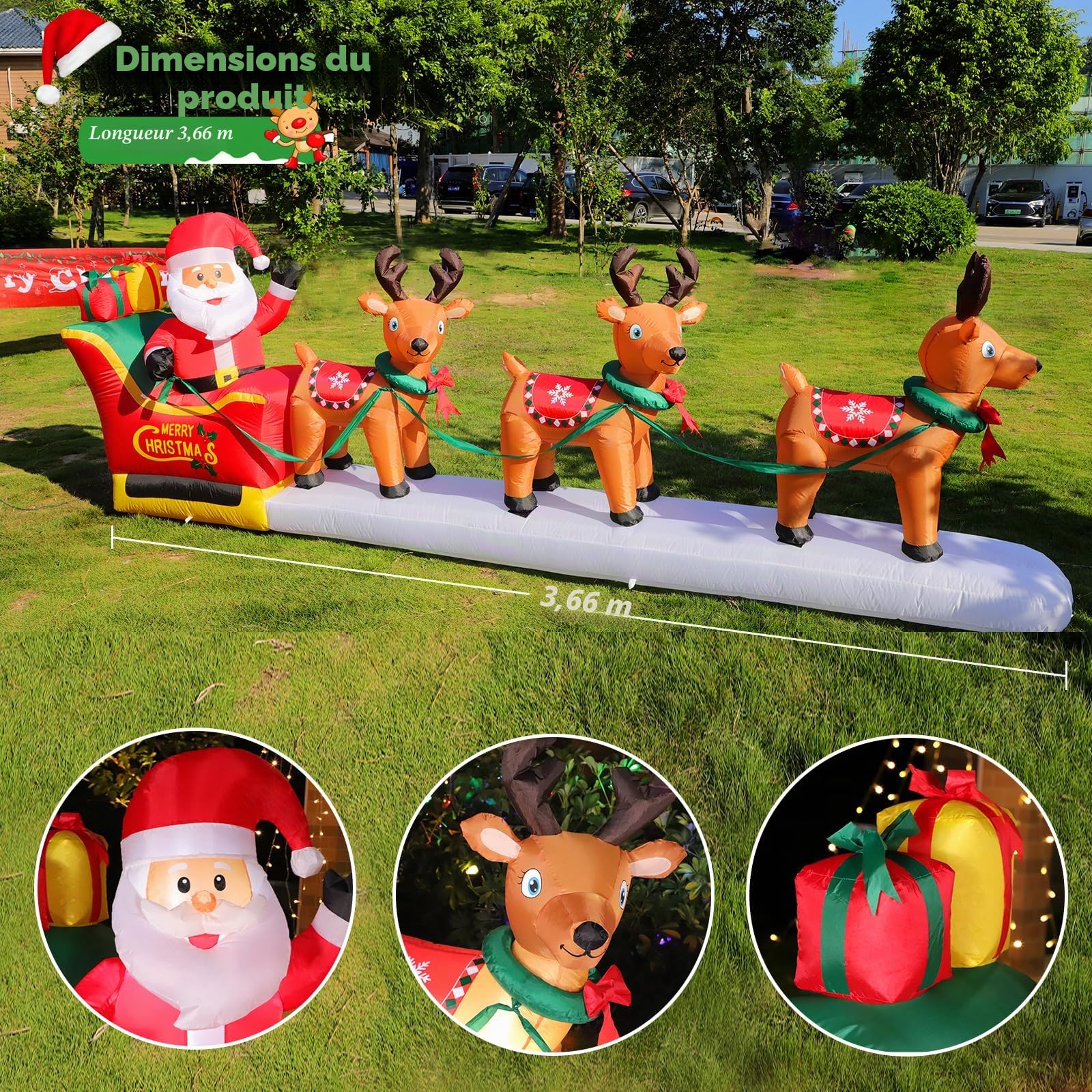 Père Noël Gonflable et Traîneau de Rennes de 3,66 m avec LED, Père Noël XXL et 3 Rennes avec Ventilateur, Décorations de Jardin Gonflables Imperméables pour Terrasse, Jardin, Parc, Centre Commercial