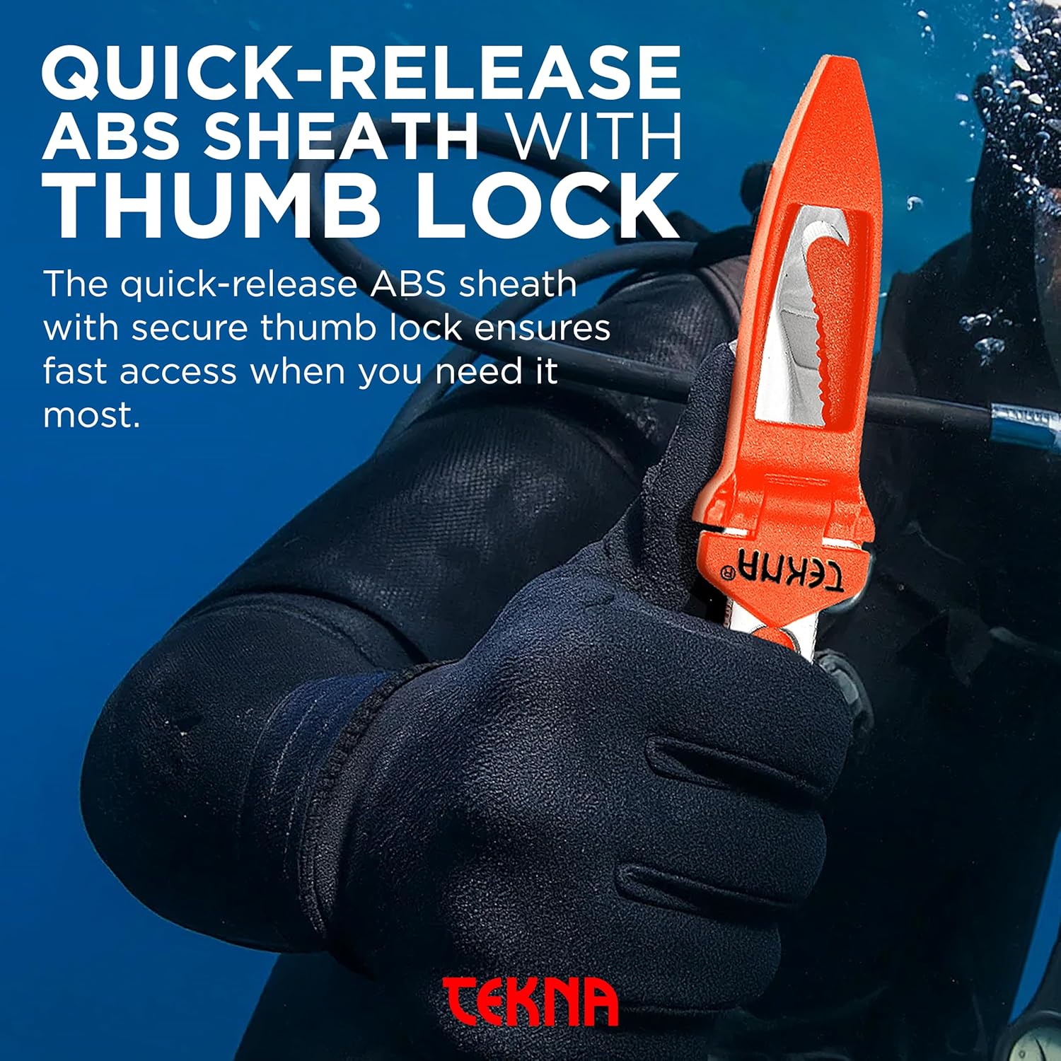 Tekna® Ocean Edge® Dive Knife – RES-Q Hook Tip Rescue Blade for Divers, Spearfishing & Kayak Use – Stainless Steel with Quick-Adjust Velcro Leg Straps & ABS Sheath - Polished Stainless - Black Sheath