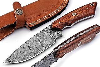 Tommi Custom Handmade Damascus Steel Blade Hunting Skinning knife with leather sheath 14103, Wood,Steel - Tommi
