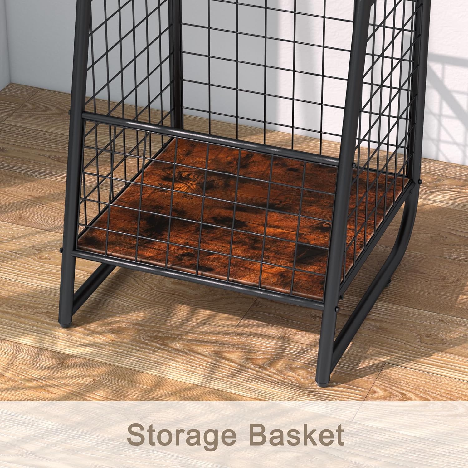 VECELO Metal Coat Rack Stand with Anti-Drop Design, Space Saving Hall Trees with Steel Basket,Small Garment Organizer with 2 Handy Cloth Rails and Slipper Space, Rectangle, Rustic Brown