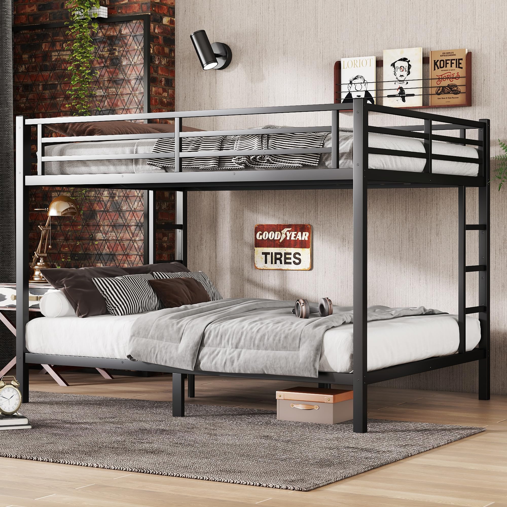 Bellemave Bunk Bed Queen Over Queen Size, Heavy Duty Metal Bunk Bed Frame, Black