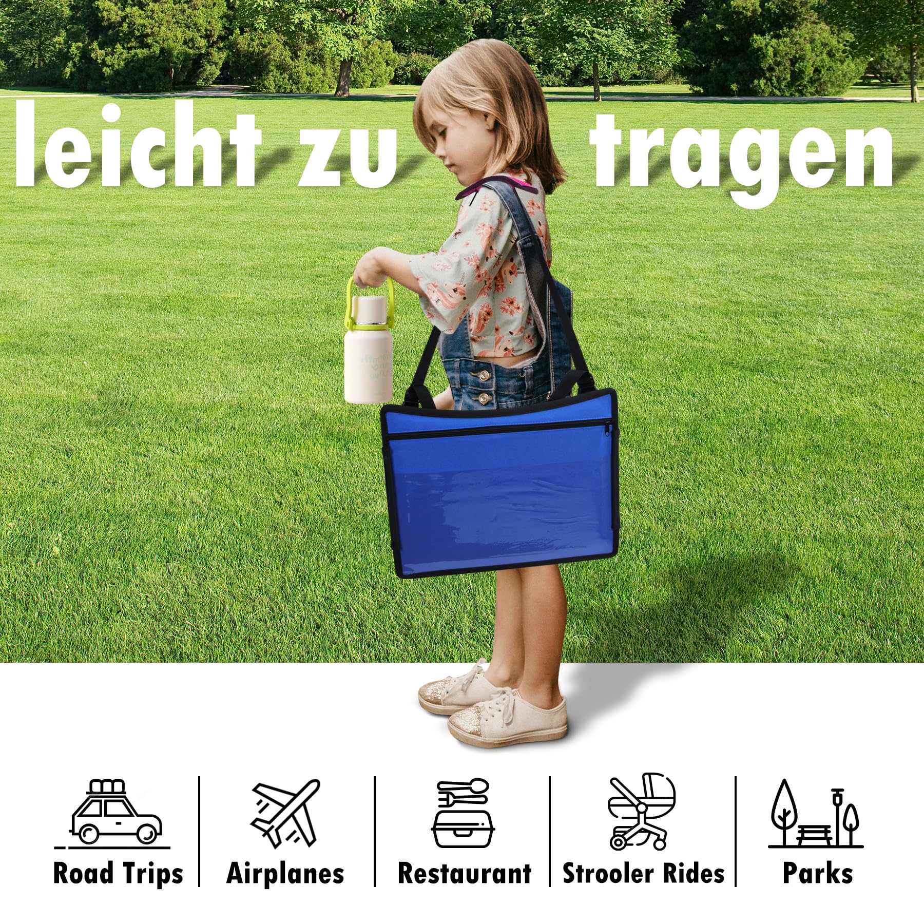 INFANZIA Table de voyage pour enfant - Plateau à genoux - Siège arrière avec crayons de couleur pour avion, train, voyage - Organiseur pliable
