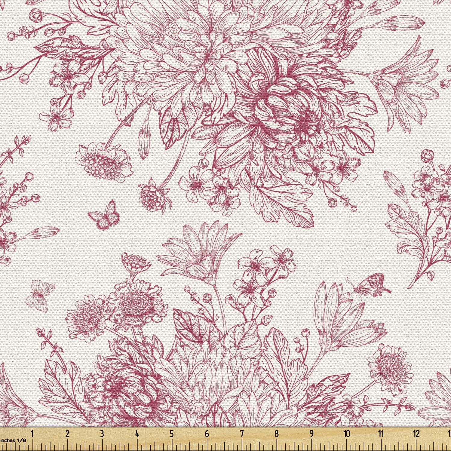 Ambesonne Vintage Botany Fabric by The Yard, English Garden Art of Endemic Flowers and Butterflies, Decorative Fabric for Upholstery and Home Accents, 1 Yard, Ruby and Rose Pink