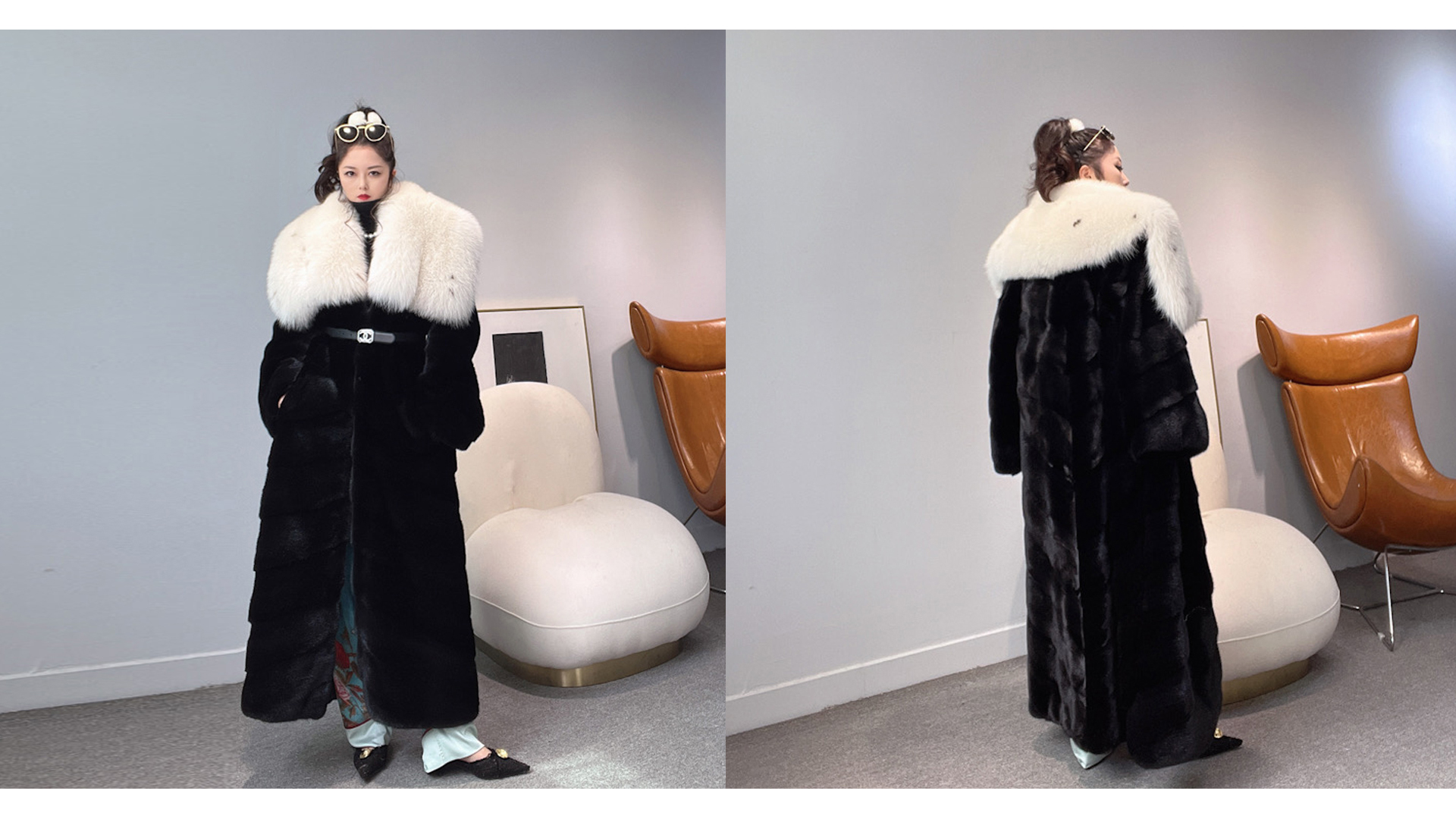 Denny&Dora Women's Mink Fur Coat With White Fox Fur Collar Winter