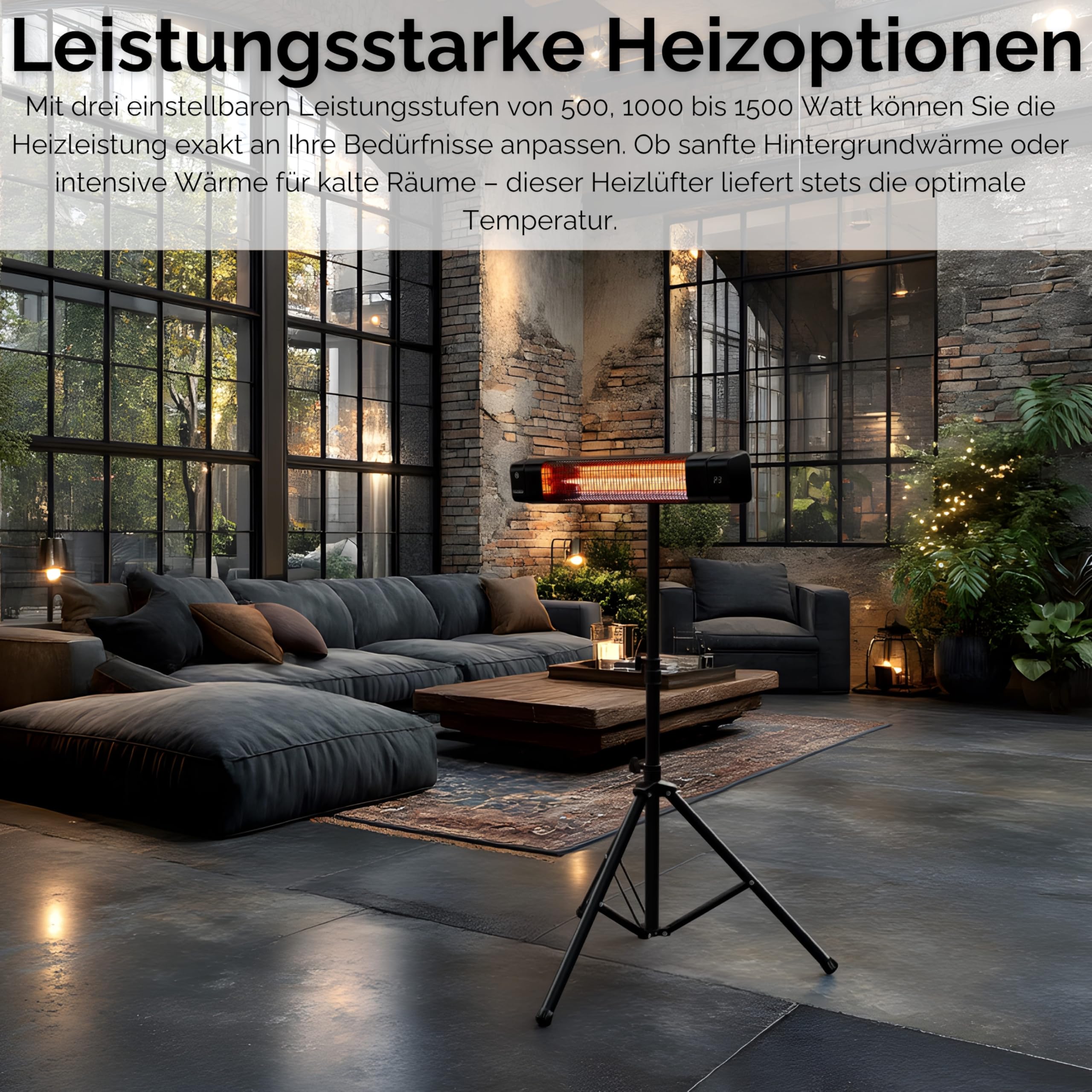 Echos® Karbon Infrarot Heizstrahler 1500W langlebiges Carbon-Heizelement – Terrassenheizer elektrisch für Balkon, Wintergarten & Innenbereich, Standfuß oder Wandmontage, 3 Stufen, Timer, Fernbedienung
