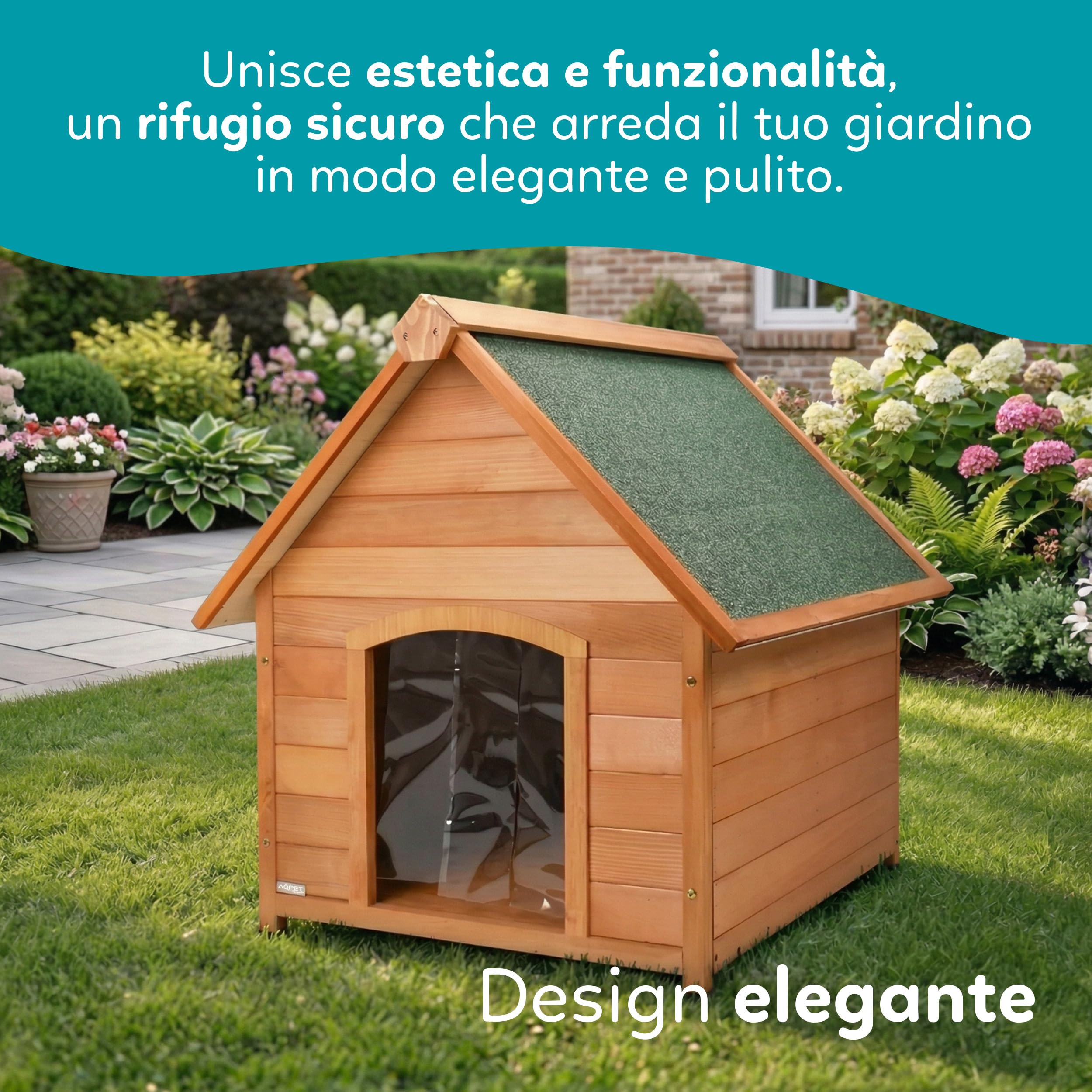 AQPET Cuccia per Cani in Legno M da Esterno con Tetto Spiovente Impermeabile e Tenda Termica, Casetta Cane Isolata per Interno ed Esterno, Resistente alle Intemperie, 87x116x96h cm