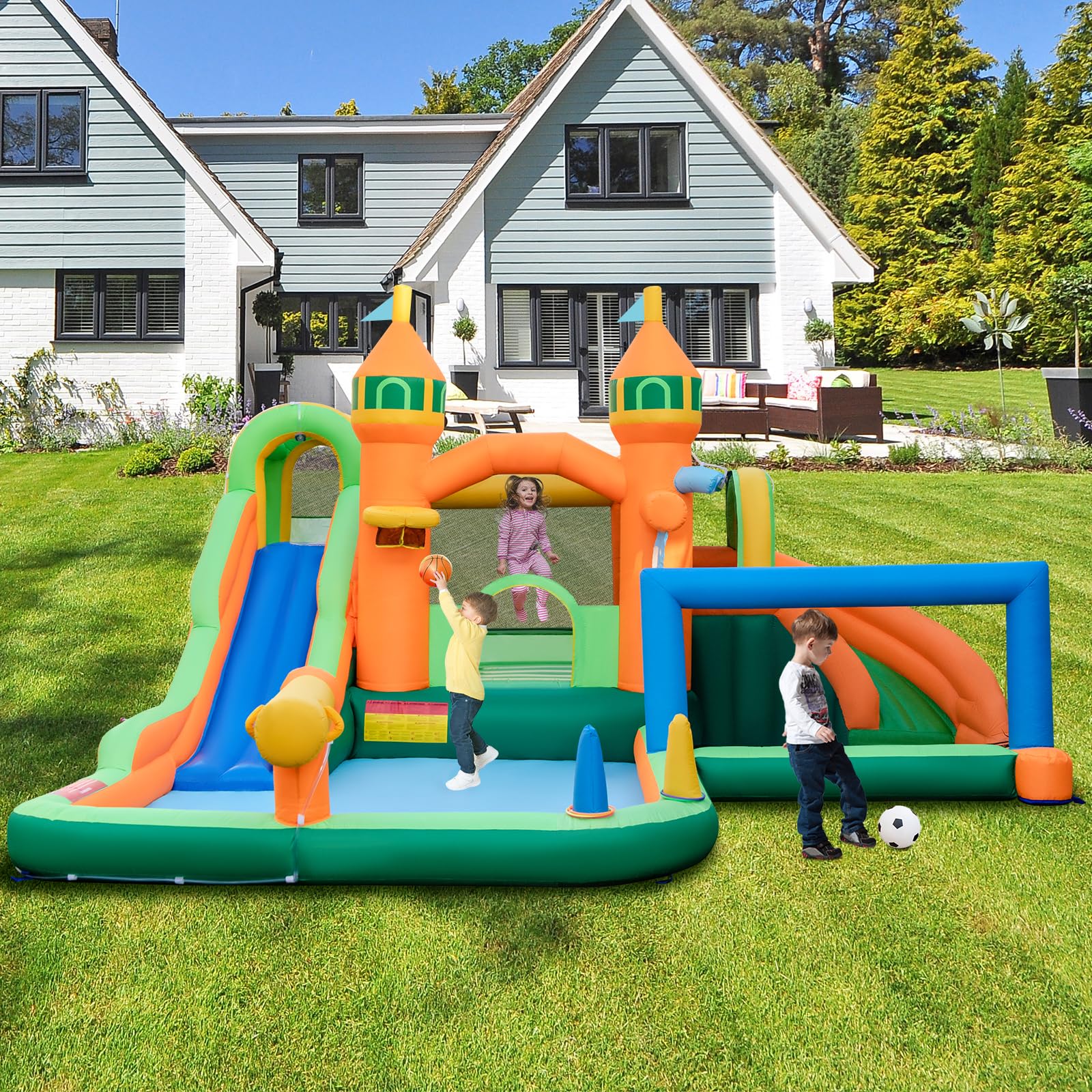 GOPLUS Castillo Hinchable 9 en 1 con 2 Toboganes, Piscina, Aro de Baloncesto, Juego de Gancho, Zona de Rebote, Pistola de Agua, Pared de Escalada, Casa de Salto Húmeda y Seca (sin Soplador)