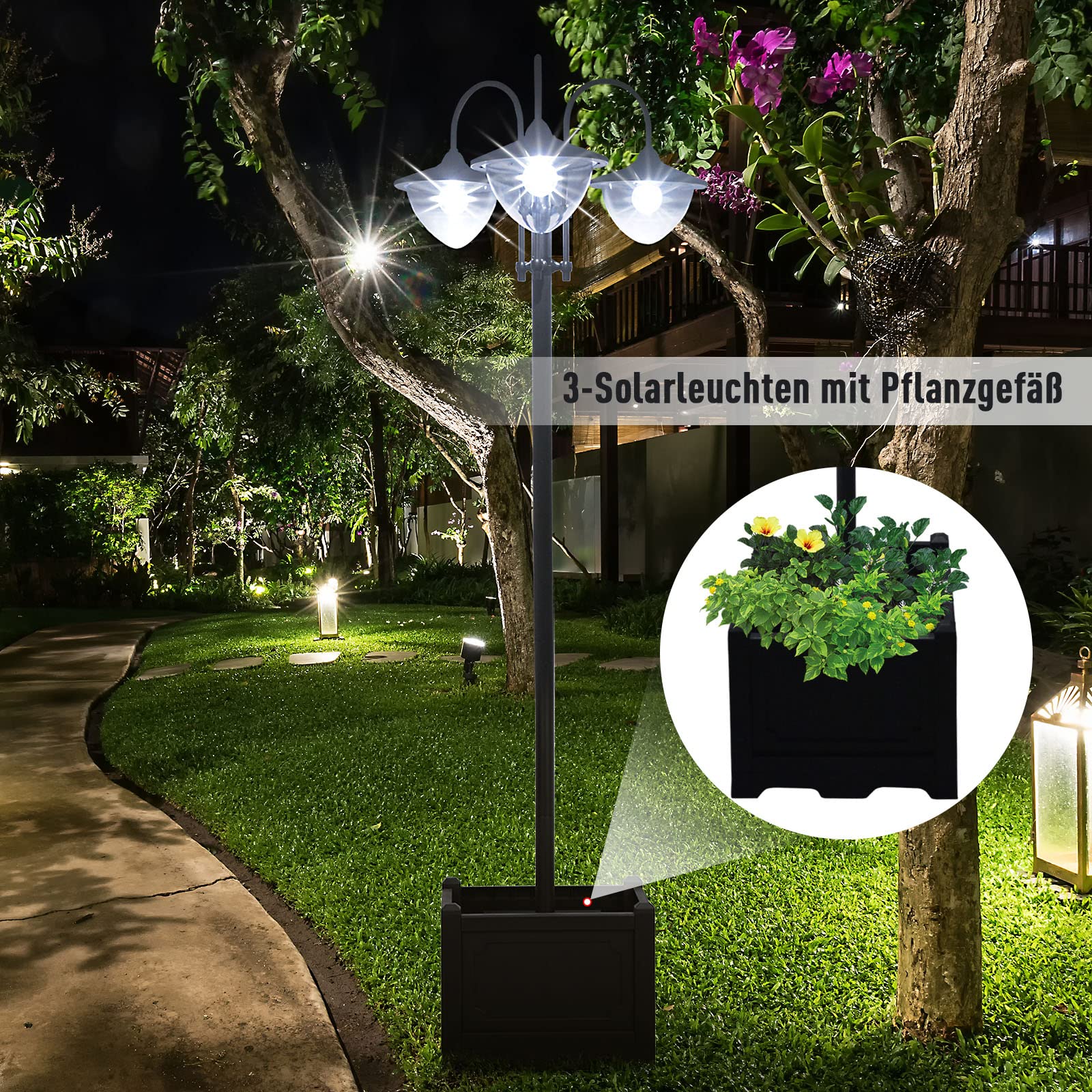 Outsunny Solar Laterne Stehleuchte Metall 189 cm IP44 Wasserdicht mit Blumentopf-Basis Schwarz