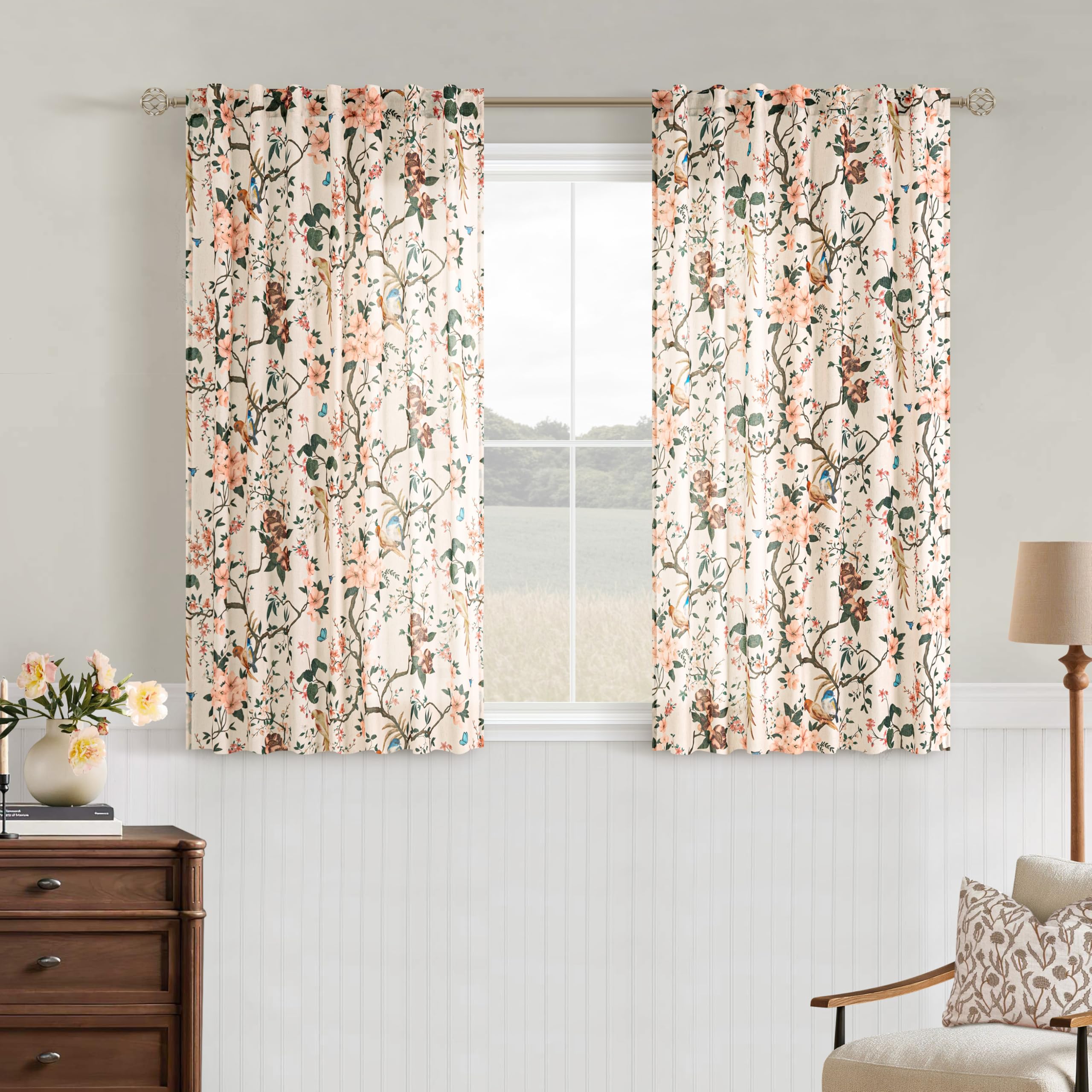 Floral Bird Linen Kitchen Curtains Cafe 45 Inch Farmhouse Sand 2 Panels | Short Window,Vintage Boho,Back Tab,Flower Printed,Window Drapes,Light Filtering,Curtain for Living Room,Laundry Room Bathroom