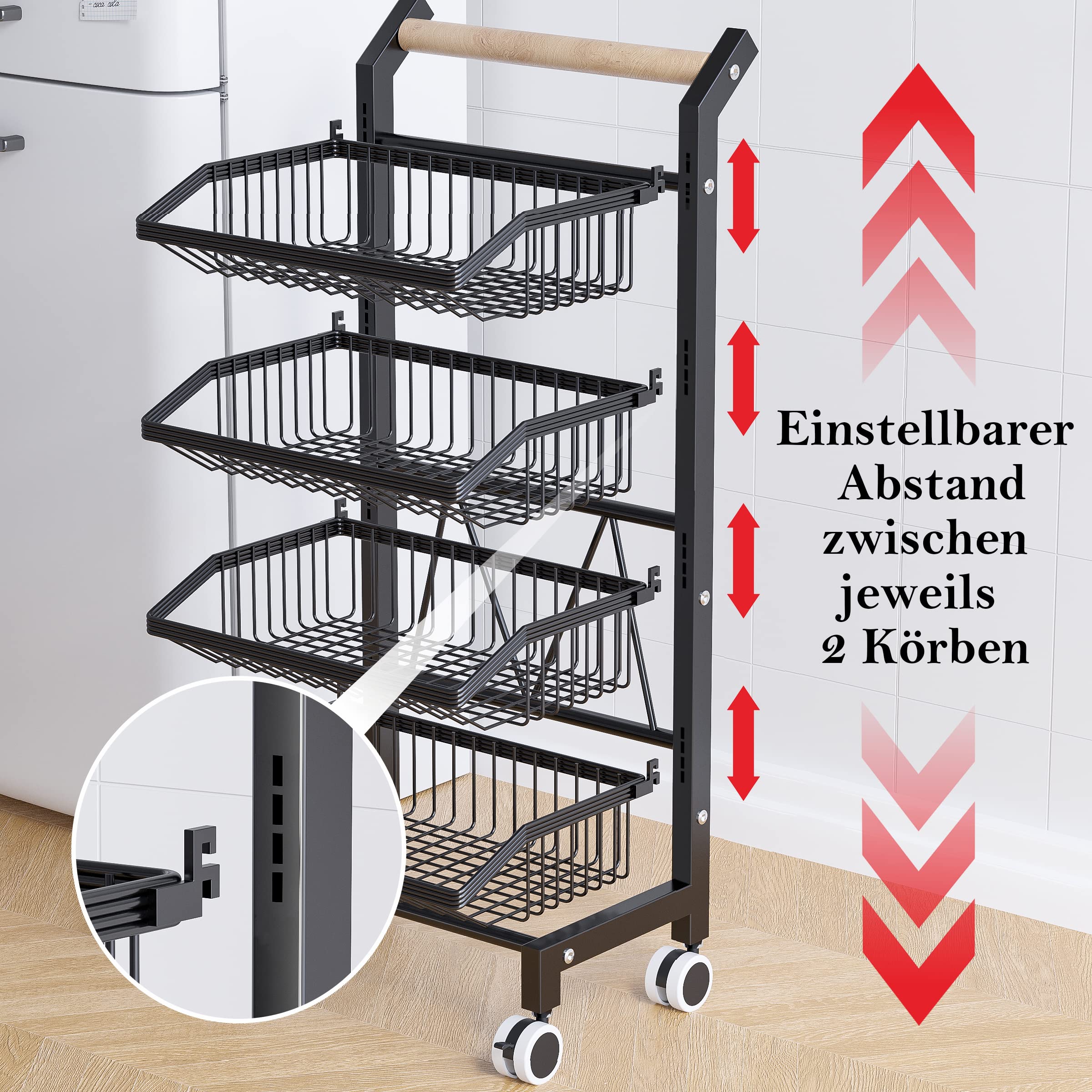 COVAODQ Gemüseregal für Küche,Stapelbarer Obstkorb Gemüse,Aufbewahrungswagen KüchenWagen Mit Abschließbare Rollen und Holzgriff, Für Badezimmer,Küche,Büro (schwarz)