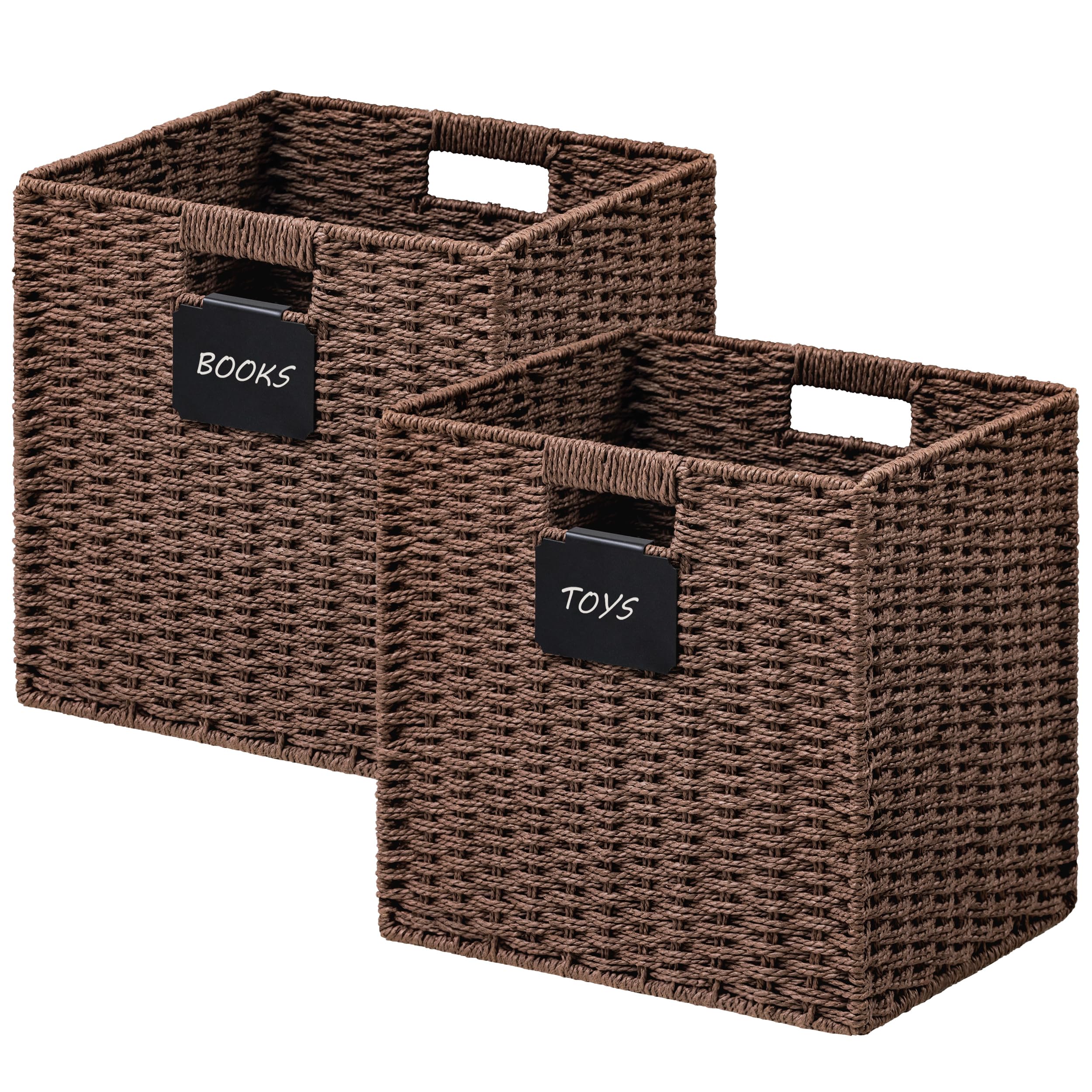 Photo 1 of UBBCARE 2 Pack Wicker Basket, 13×13 Storage Cubes with Label, Foldable Cube Storage Bin with Handle, Square Storage Basket for Shelves, Woven Paper Rope Basket for Organizing, Brown