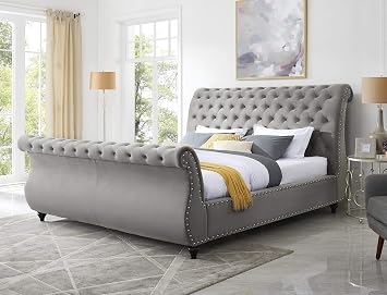 Roundhill Furniture Evora Velvet Upholstered Button Tufted, King, Gray