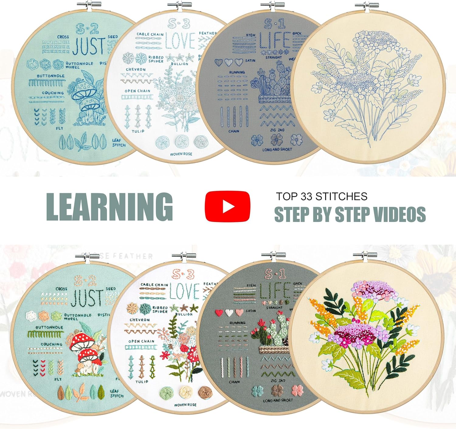 LX LERMX Embroidery Kit for Beginners Adults, 34 Stitch Techniques with Floral Patterns, Complete DIY Kit with Stamped Patterns, Hoop, Colorful Threads, Tools (Pattern 1)