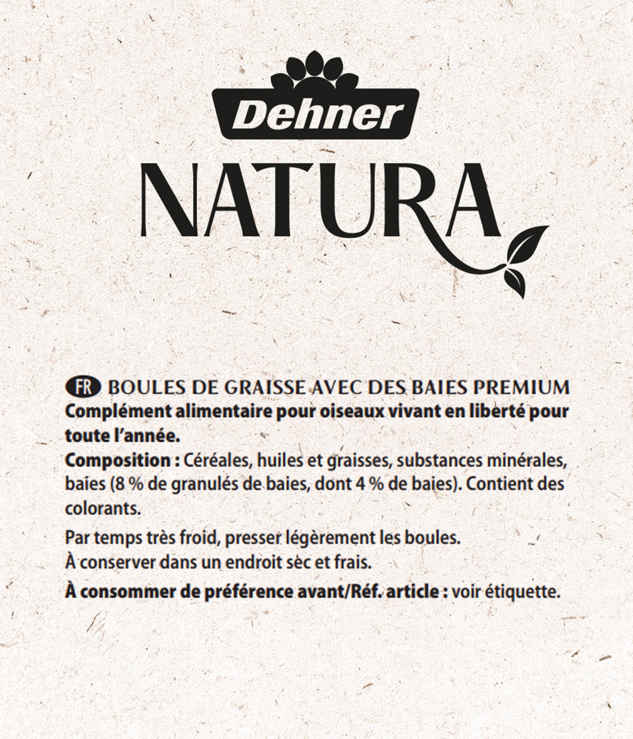 Dehner Natura Premium, Boules de Graisse, avec Filet, aux Baies, Nourriture pour Oiseaux Sauvages, Riche en protéines et énergie, 100 pièces de 90 g (9 kg), Emballage FSC