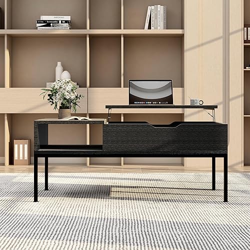 Miniatura 2 de Aimerive Mesa auxiliar elevable, mesa de centro negra con compartimento oculto y estante de almacenamiento, mesa de sala de estar de madera con