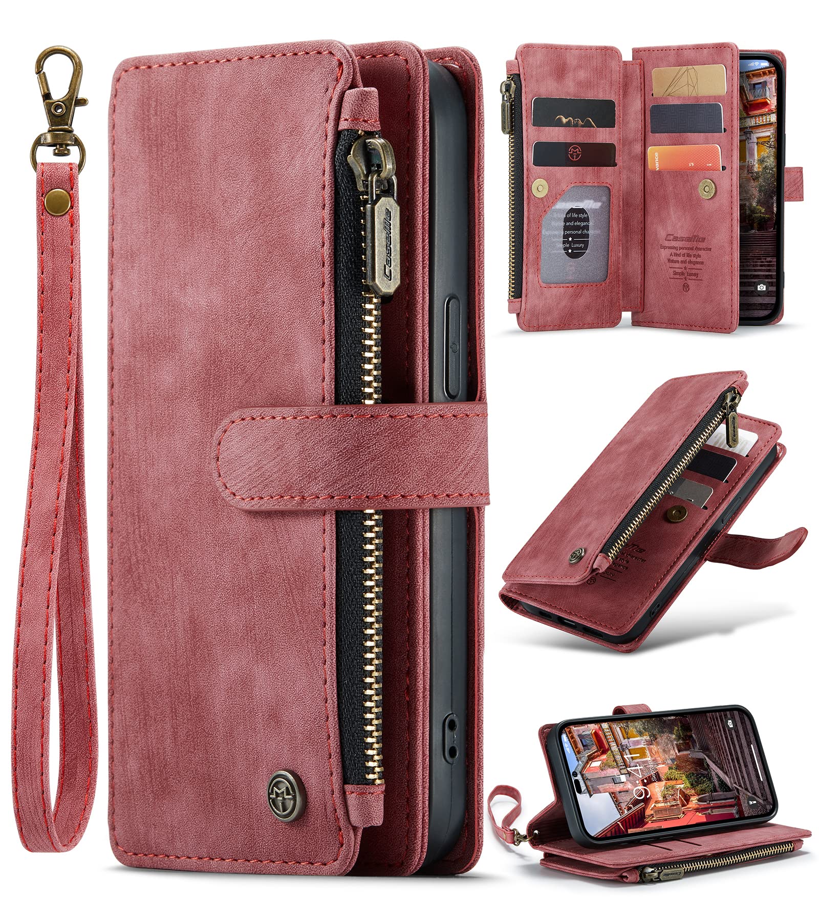 ANROD Wallet Case for iPhone 14 Pro,PU Leather Flip Magnetic Closure Shockproof Zipper Purse Cover for iPhone 14 Pro,with Card Slots (Red)