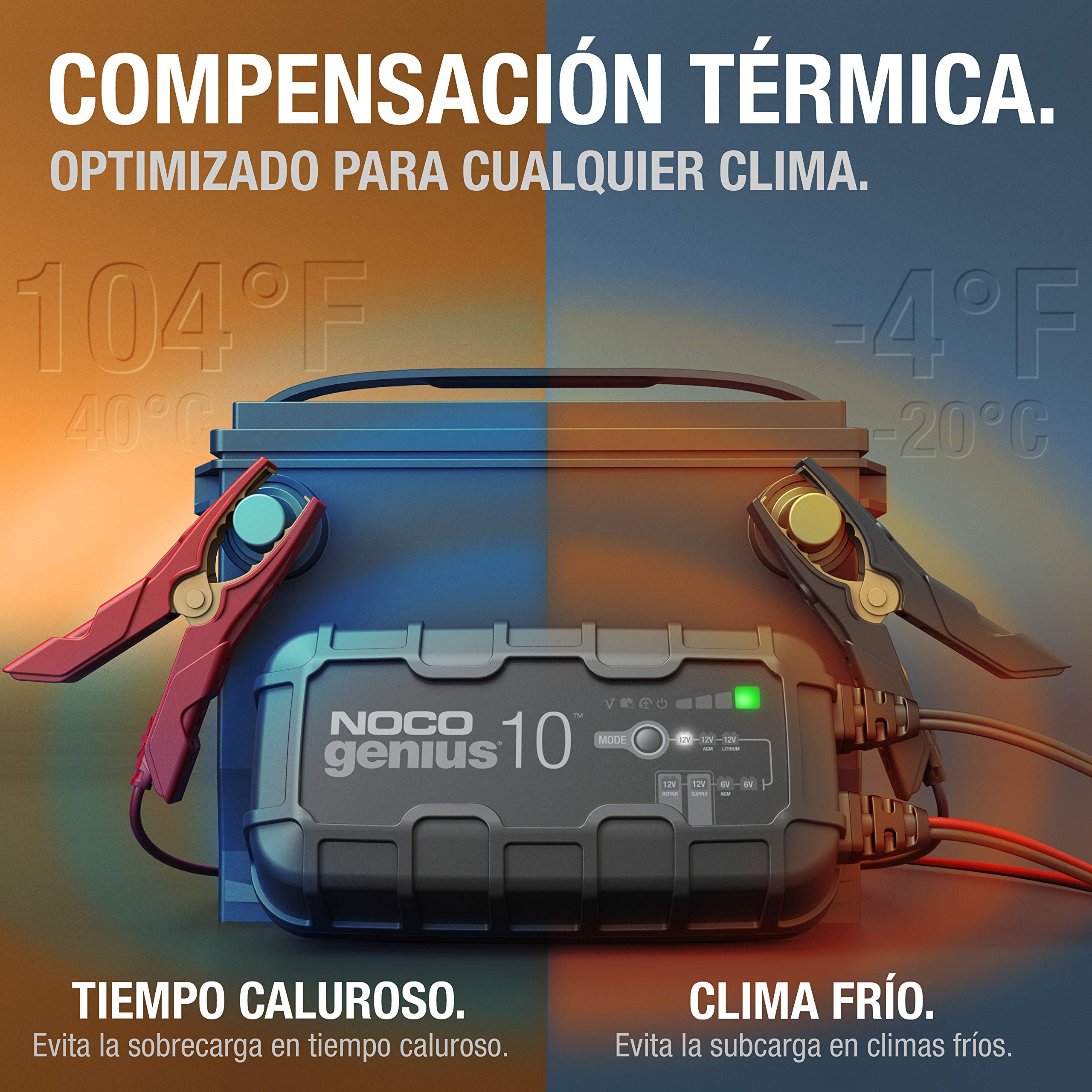 NOCO GENIUS10: Cargador Inteligente de baterías 10A 6V/12V – Mantenedor automático y desulfatador – Protección contra sobrecarga y compensación térmica – para baterías de Plomo y Litio