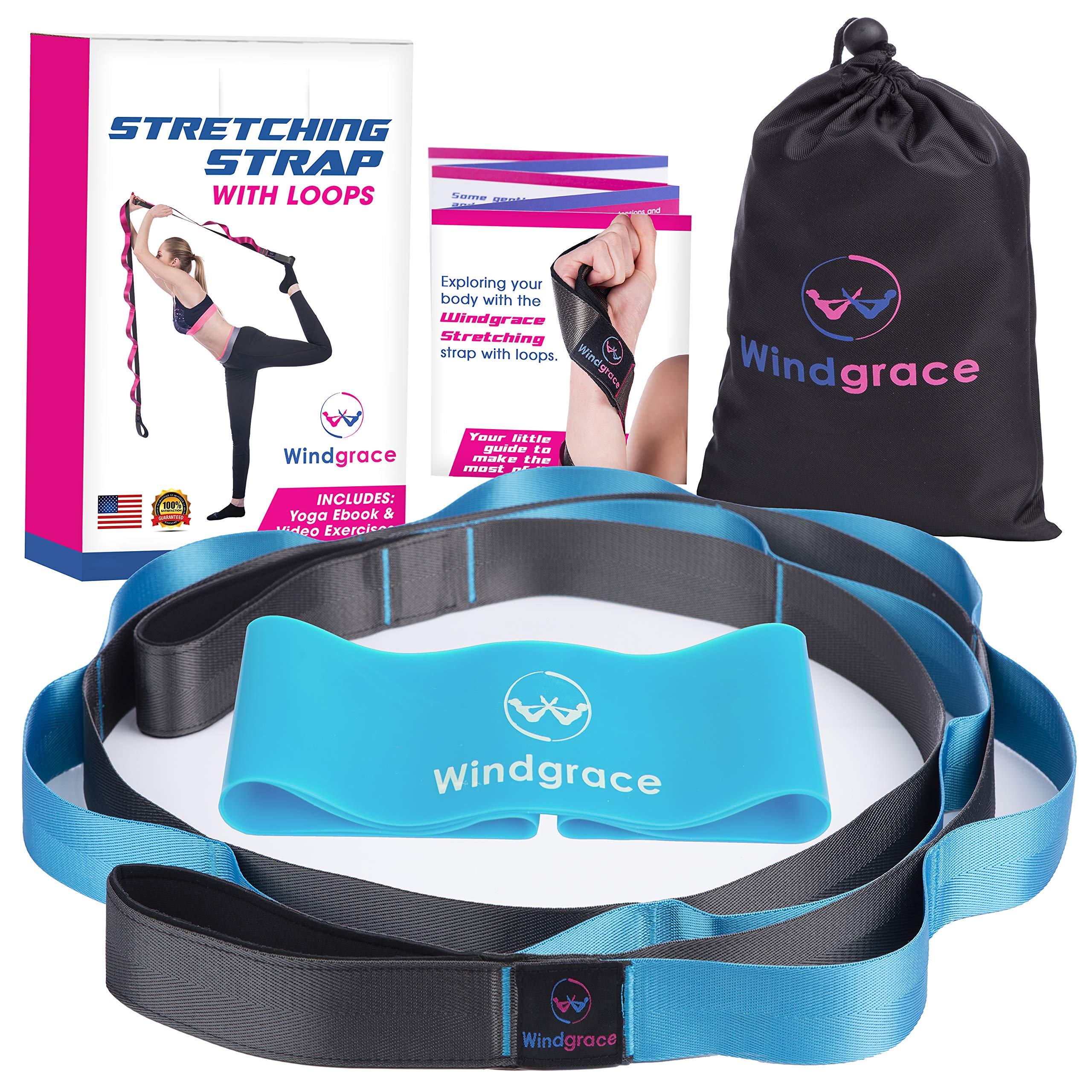 WindGrace Premium Stretching Strap | Quality Stretching Strap with 12 Loops - eBook, Resistance Loop Band and Carry Bag - Physical Therapy, Yoga, Pilates, Yoga Stretch Strap