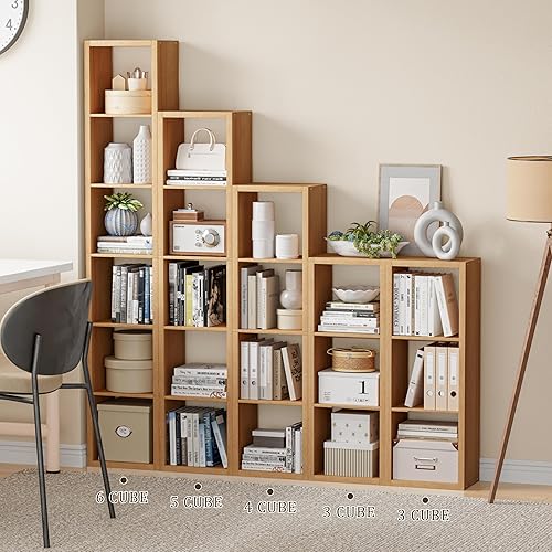 Miniatura 4 de Estantería organizadora de almacenamiento en forma de cubos, estantería decorativa de 3 niveles con respaldo abierto de 11 pulgadas con borde Roble
