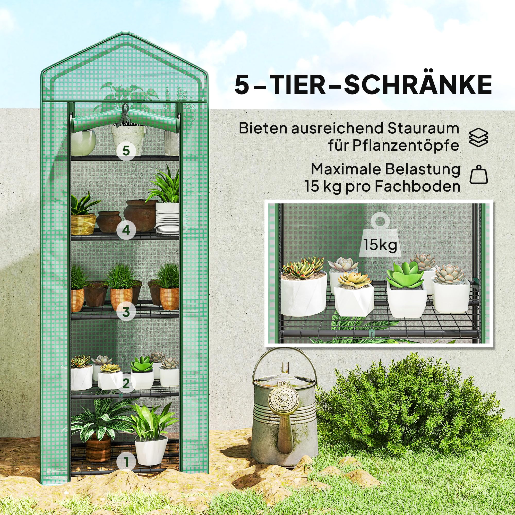 Outsunny Gewächshaus mit Rolltür, Regale, Winterfest Foliengewächshaus aus Stahl, Treibhaus für Balkon, Garten, Tomatenhaus 69 x 49 x 193 cm, Tomatengewächshaus für Tomaten, Blumen, Grün