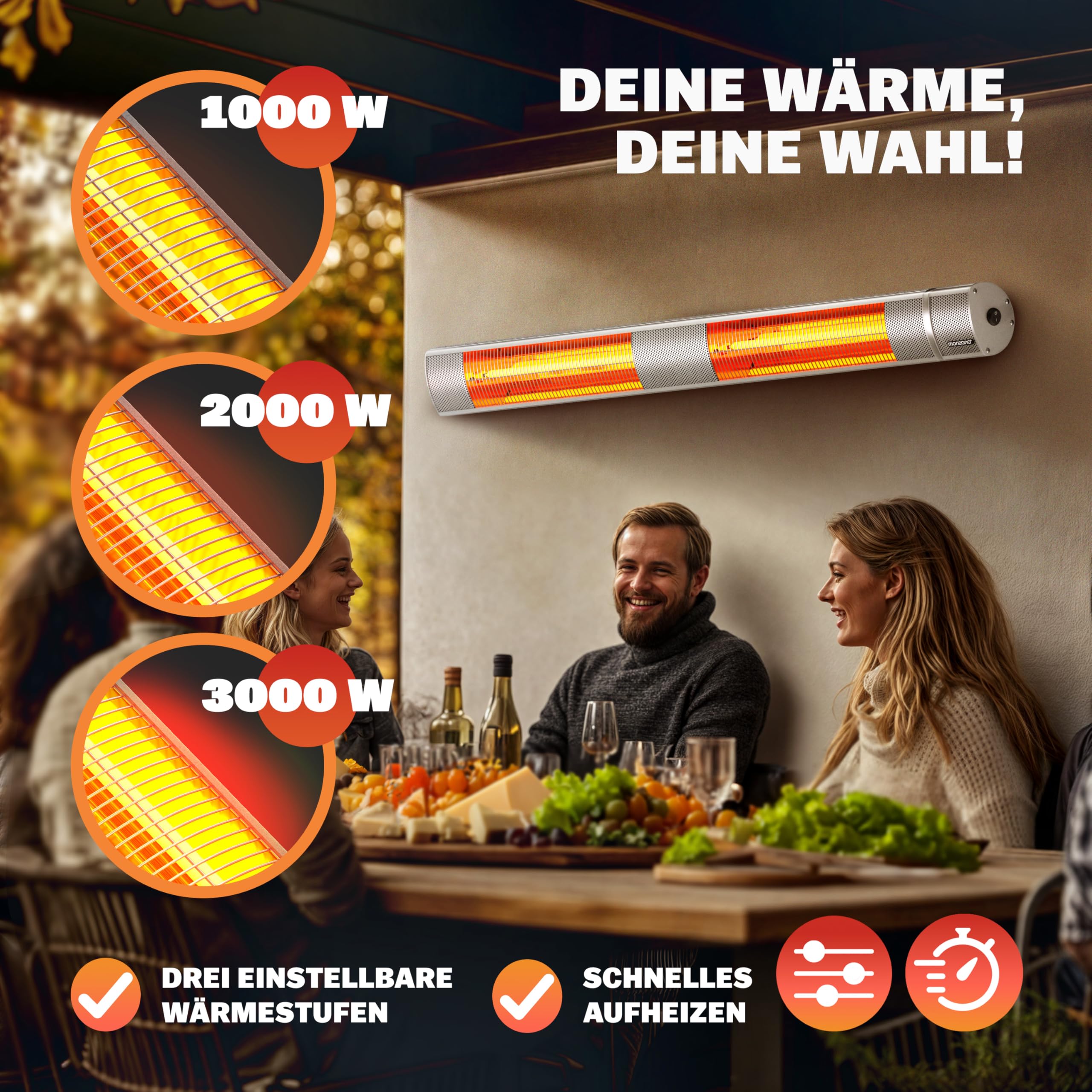 MONZANA® Infrarot Heizstrahler Goldröhre 3000W App Steuerung 3 Stufen Fernbedienung Outdoor Wärmestrahler Terrassenheizer Terrassenstrahler Silber