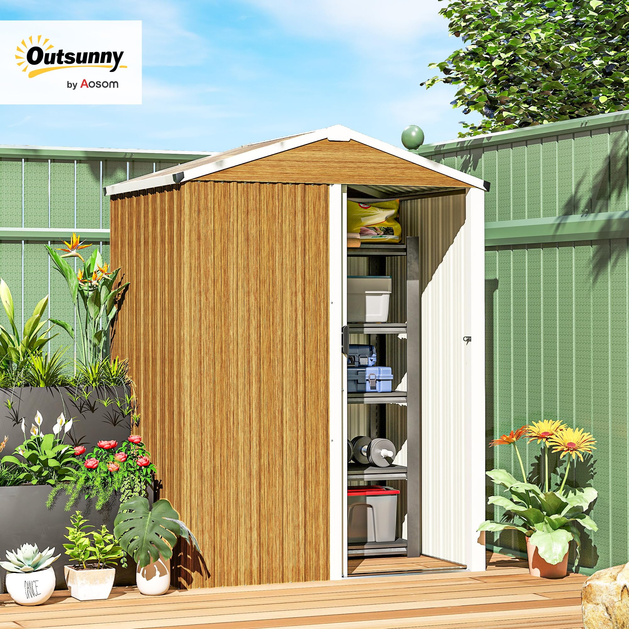 Outsunny 4.5 x 3ft Outdoor Storage Shed, Waterproof Metal Garden Shed with Gloves, Lockable Sliding Door and Pitched Roof for Backyard, Patio, Lawn, Poolside, Wood Grain - 2