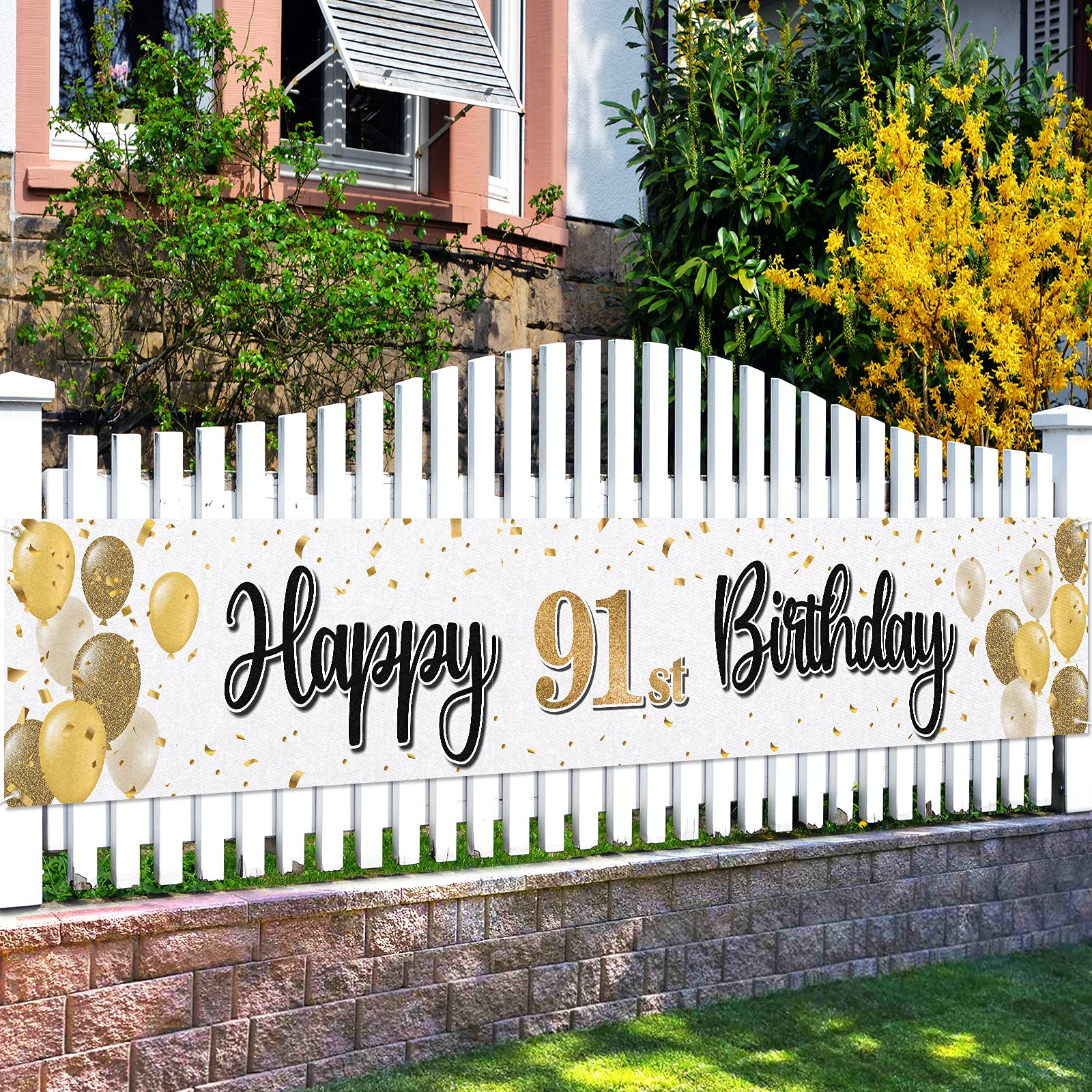 LASKYER Happy 91st Birthday Decorations,91st Gold Balloon Large Birthday Hanging Banner Sign - Cheers to 91 Years Old Bday Party Supplies.