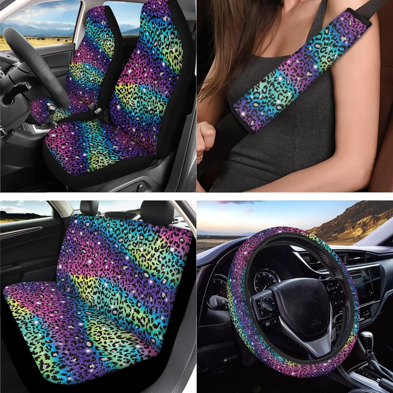 Coldinair 12 Pack Rainbow Glitter Leopard Print Car Seat Covers Full Set with Steering Wheel Cover and Seat Belt Pad,Handbrake Cover Gear Shift Knob Cover,Car Coaster,Keychain,Auto Interior Decoration