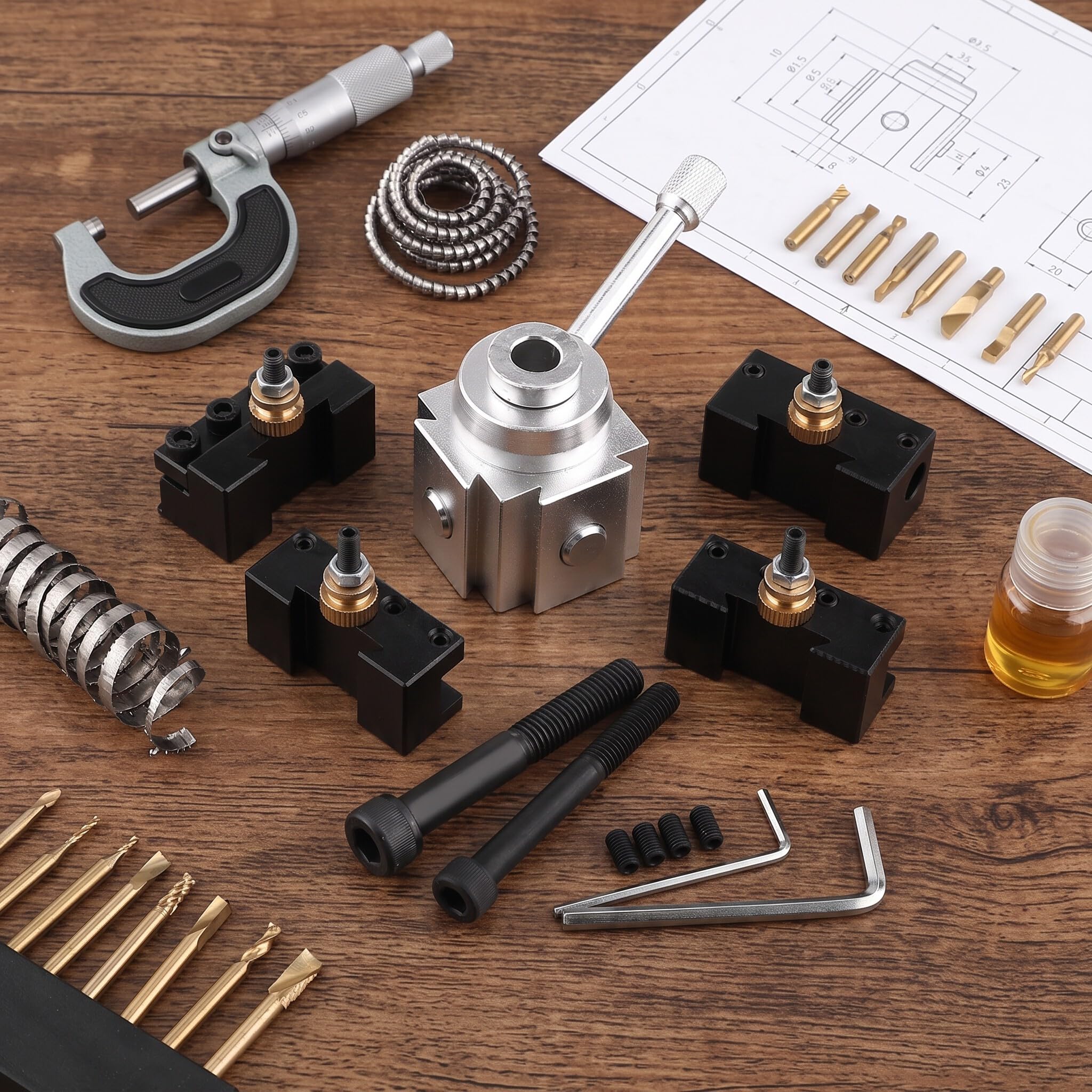 Schnellwechsel-Werkzeughalter- und Haltersatz für Mini-Drehmaschinen aus Aluminiumlegierung, 4 Fräserhalter, Hohe Präzision, Breite Aufnahme für Zylindrisches Drehen, Rändeln