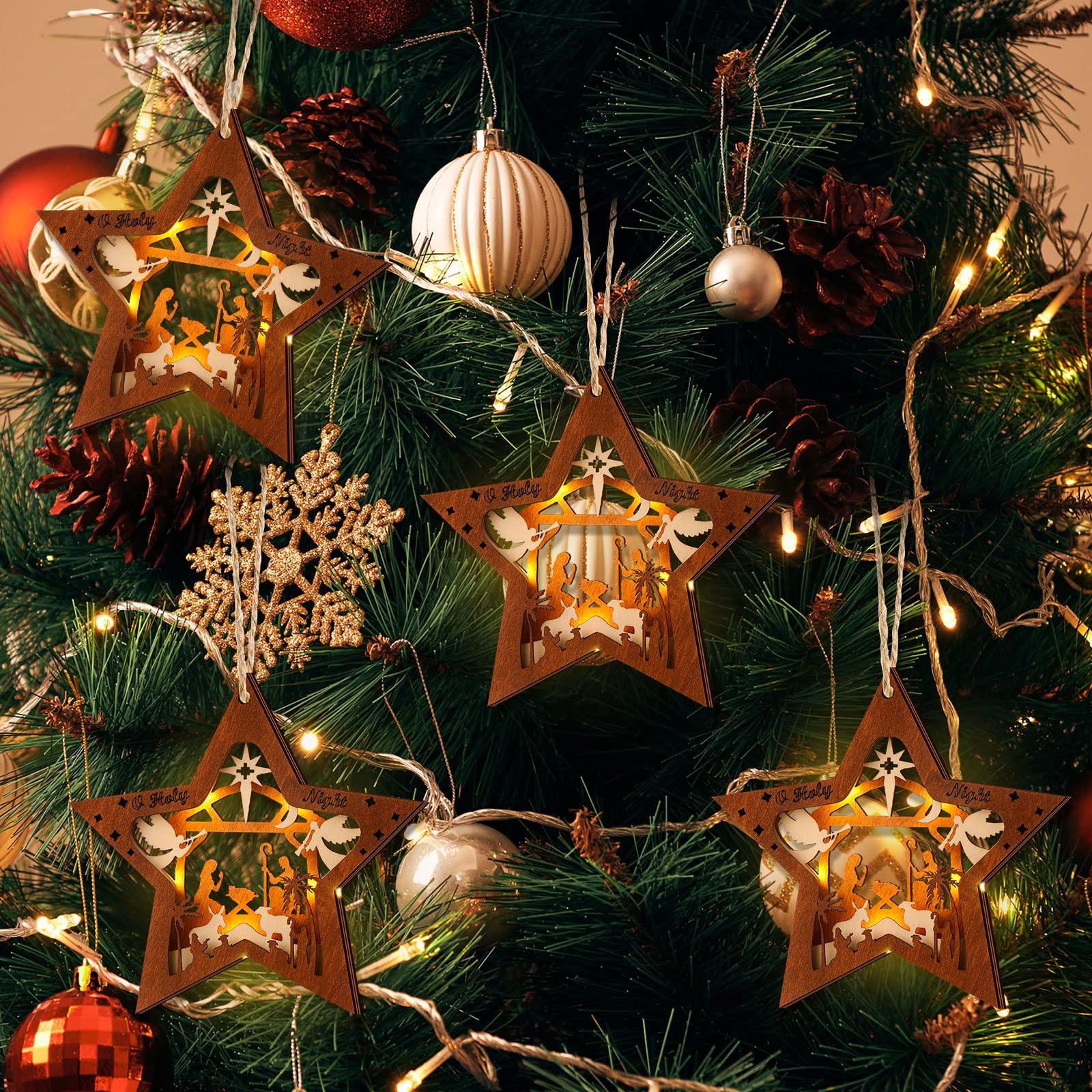 ライト付きクリスマスキリスト降誕シーンオーナメント、クリスマス木製星型テーブルデコレーション、装飾の誕生、家族、友人、クリスチャンへ  キリスト降誕の物語のオーナメント、女性、キリスト教徒、男性への宗教的なギフト、キリスト教の装飾、クリスマスのための ..., image size:1600x1600