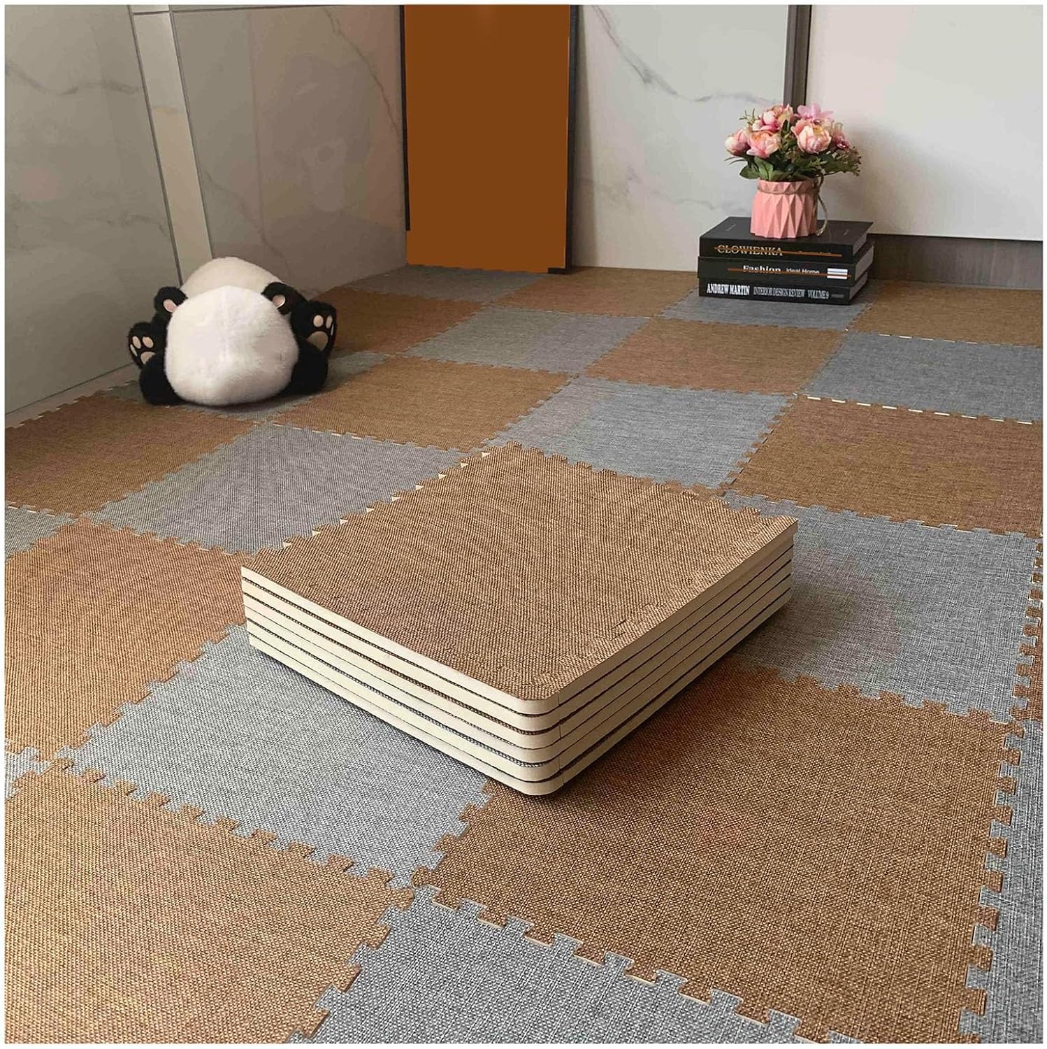 Miękkie płytki dywanowe, 50 szt., 30 cm, kwadratowe, blokujące się maty piankowe, mata do zabawy, oddychająca bawełna i len, dywany puzzle (ciemnoszare + ciemnobrązowe)