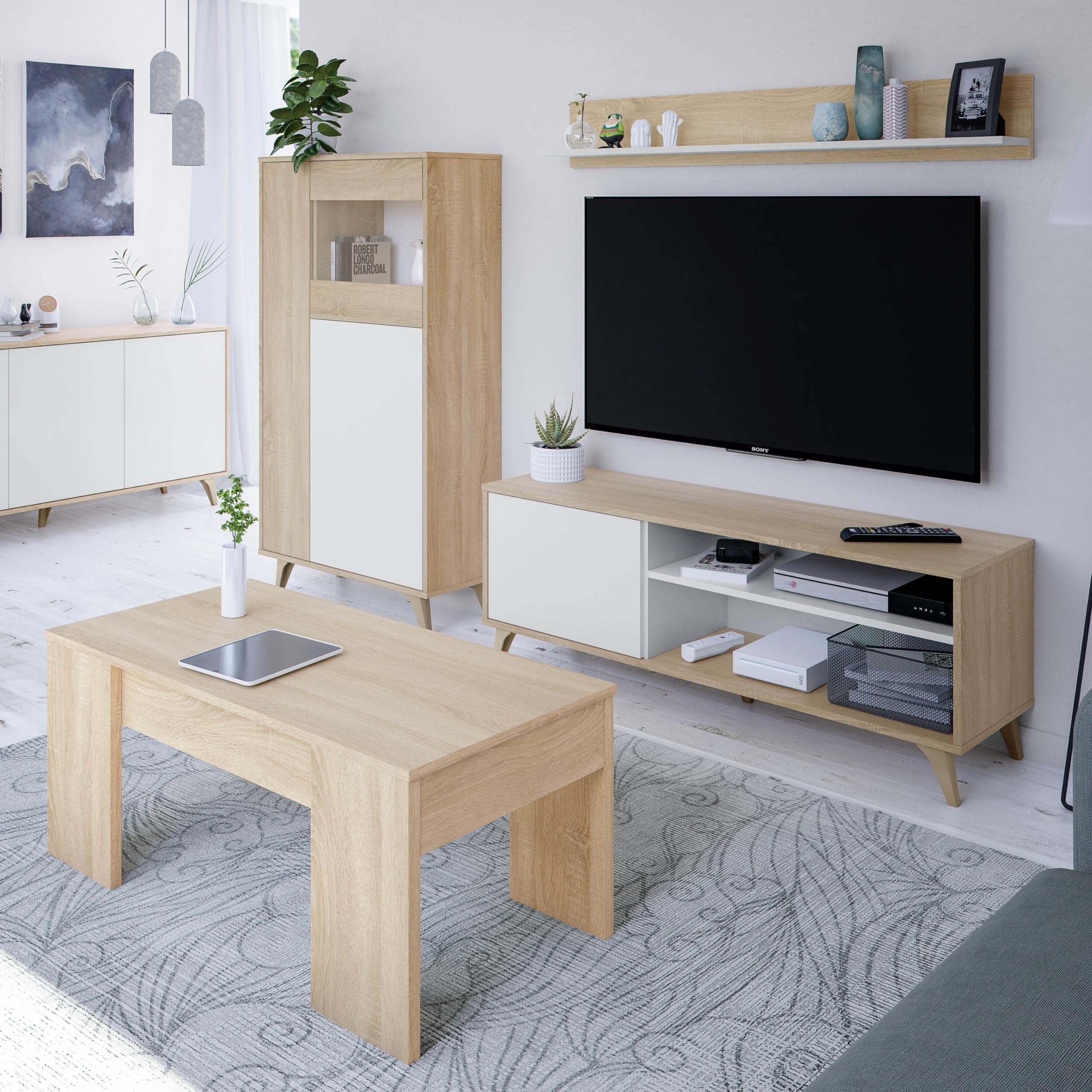 Habitdesign Modulo TV con Estante, Mueble de Salon, Juego de Muebles, Modelo Kikua Plus, Acabado en Blanco Artik y Roble Canadian, Medidas: 135 cm (Ancho) x 50 cm (Alto) 40 cm (Fondo)